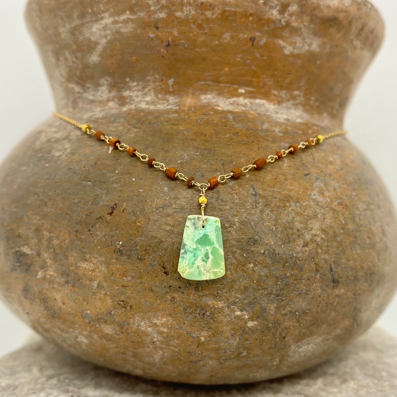 14k Gold Chain Necklace w/ Pre-Columbian Chrysoprase, Roman Glass & 18k Gold Nuggets