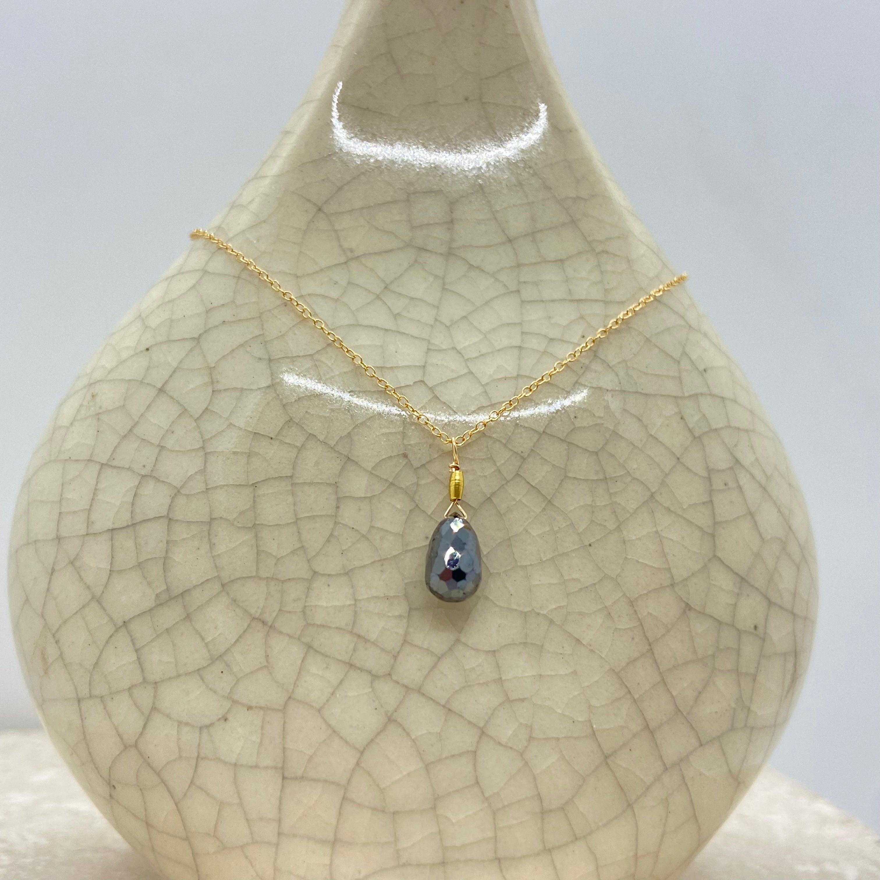 14k Gold Chain Necklace w/ Black Diamond & 18k Gold Nugget