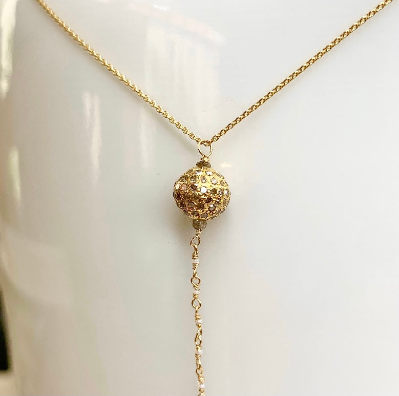 14k Gold Choker Necklace w/ 18k Gold Diamond Pendant, Amethyst, Freshwater Pearls, 18k Gold Daisy, Diamonds & Antique Italian Beads