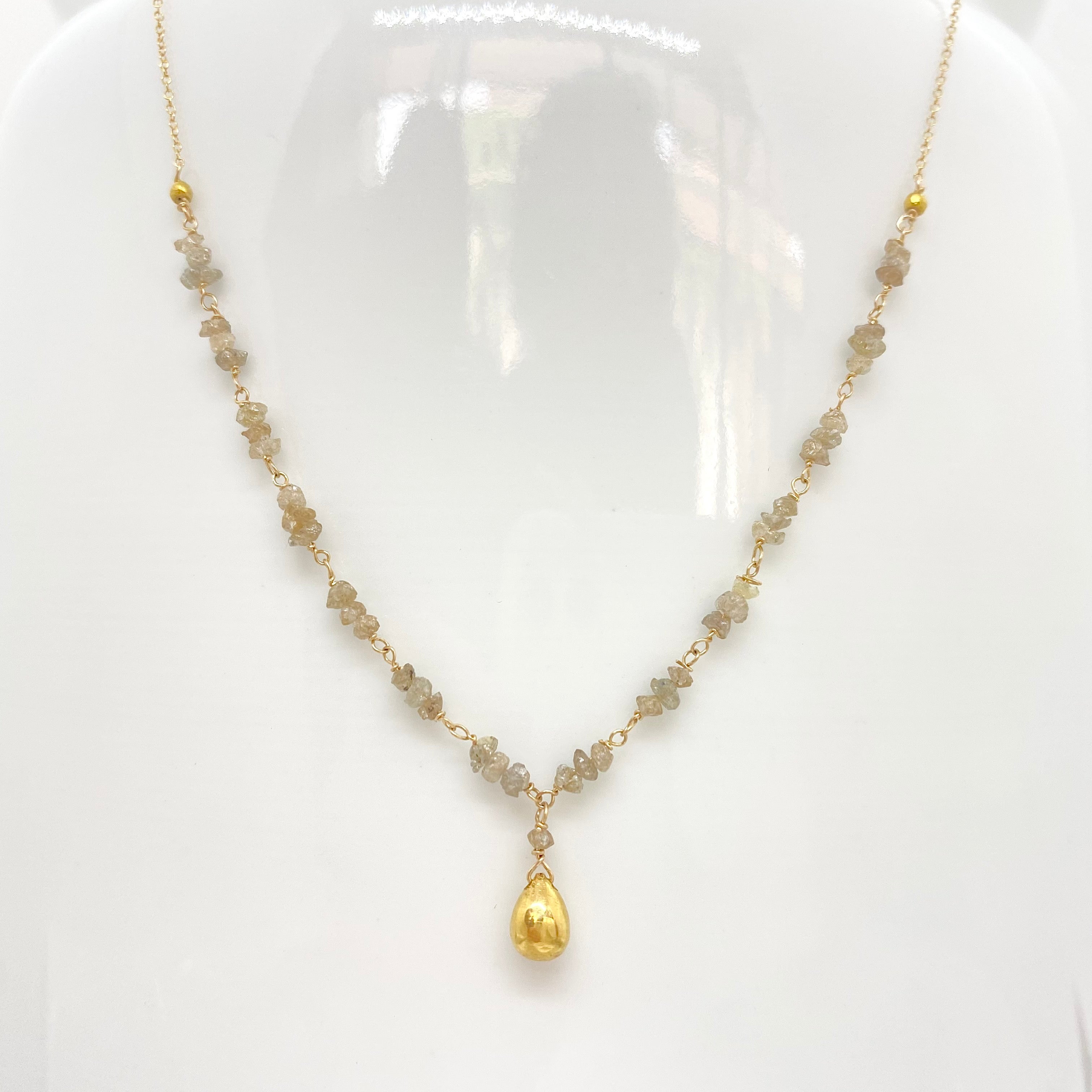 14k Gold Chain Necklace w/ 18k Gold Drop, Champagne Diamond, Raw Diamonds & 18k Gold Nuggets