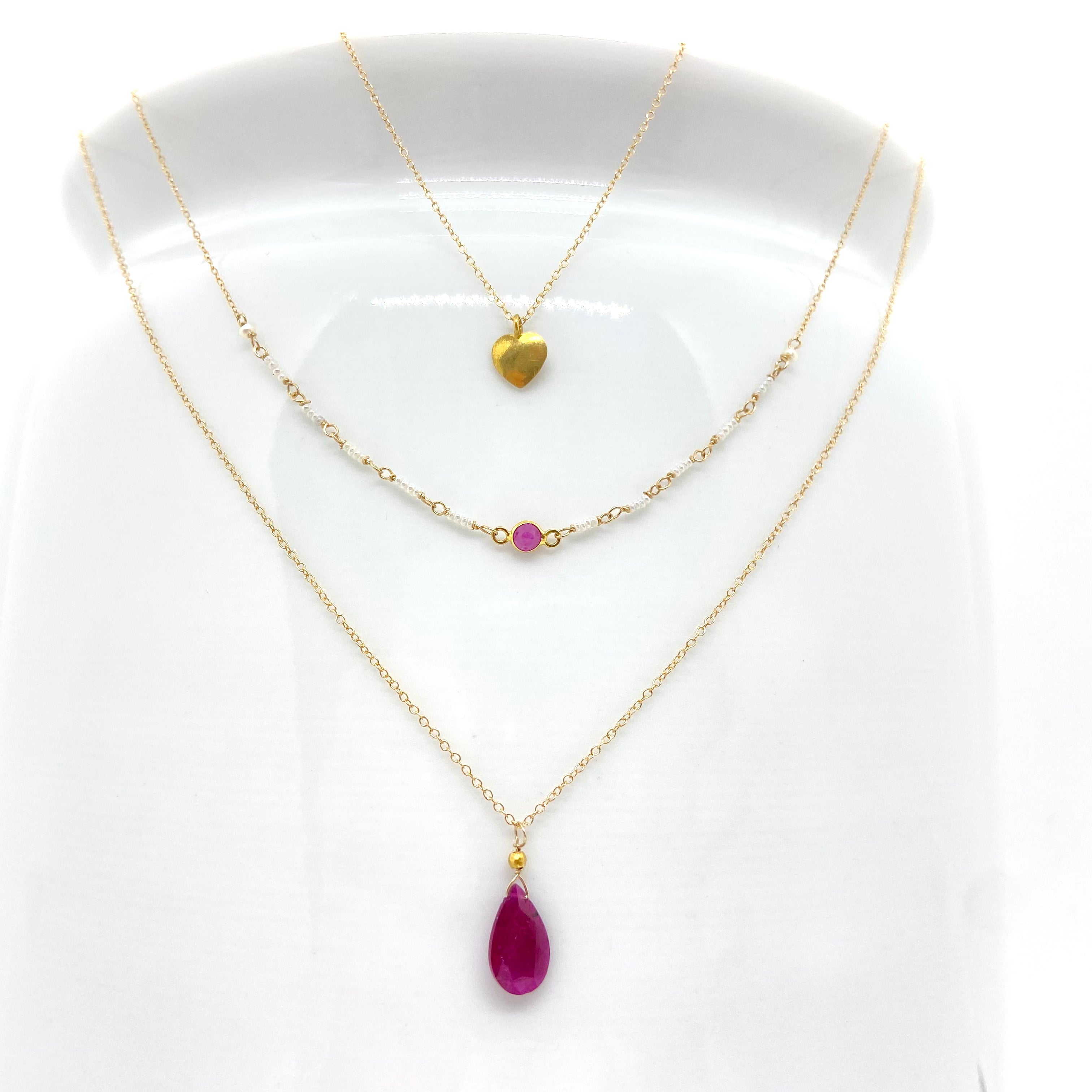 14k Gold Chain Necklace w/ 18k Gold Sapphire Pendant, Freshwater Pearls & Antique Italian Beads