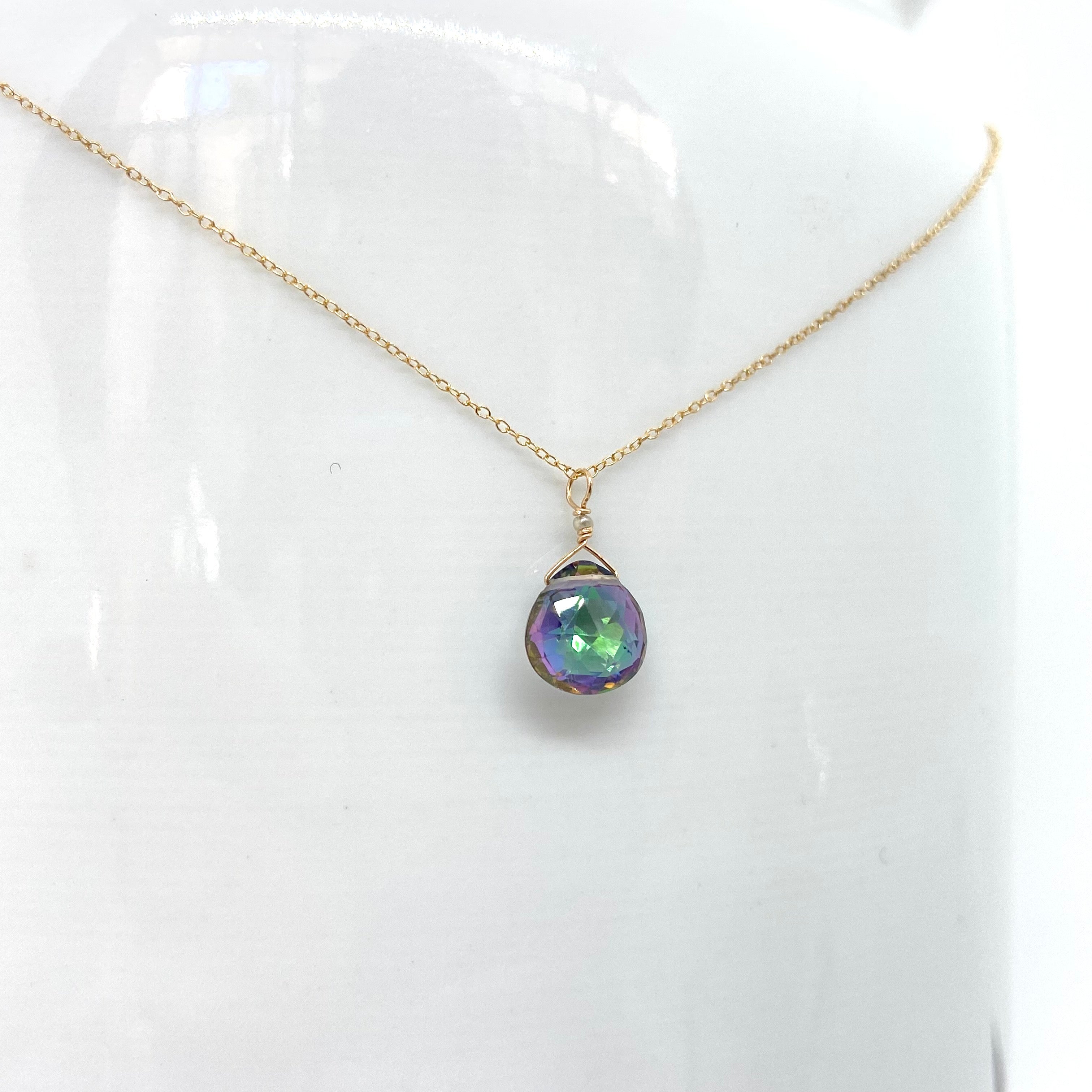14k Gold Chain Necklace w/ Mystic Topaz & Freshwater Pearl