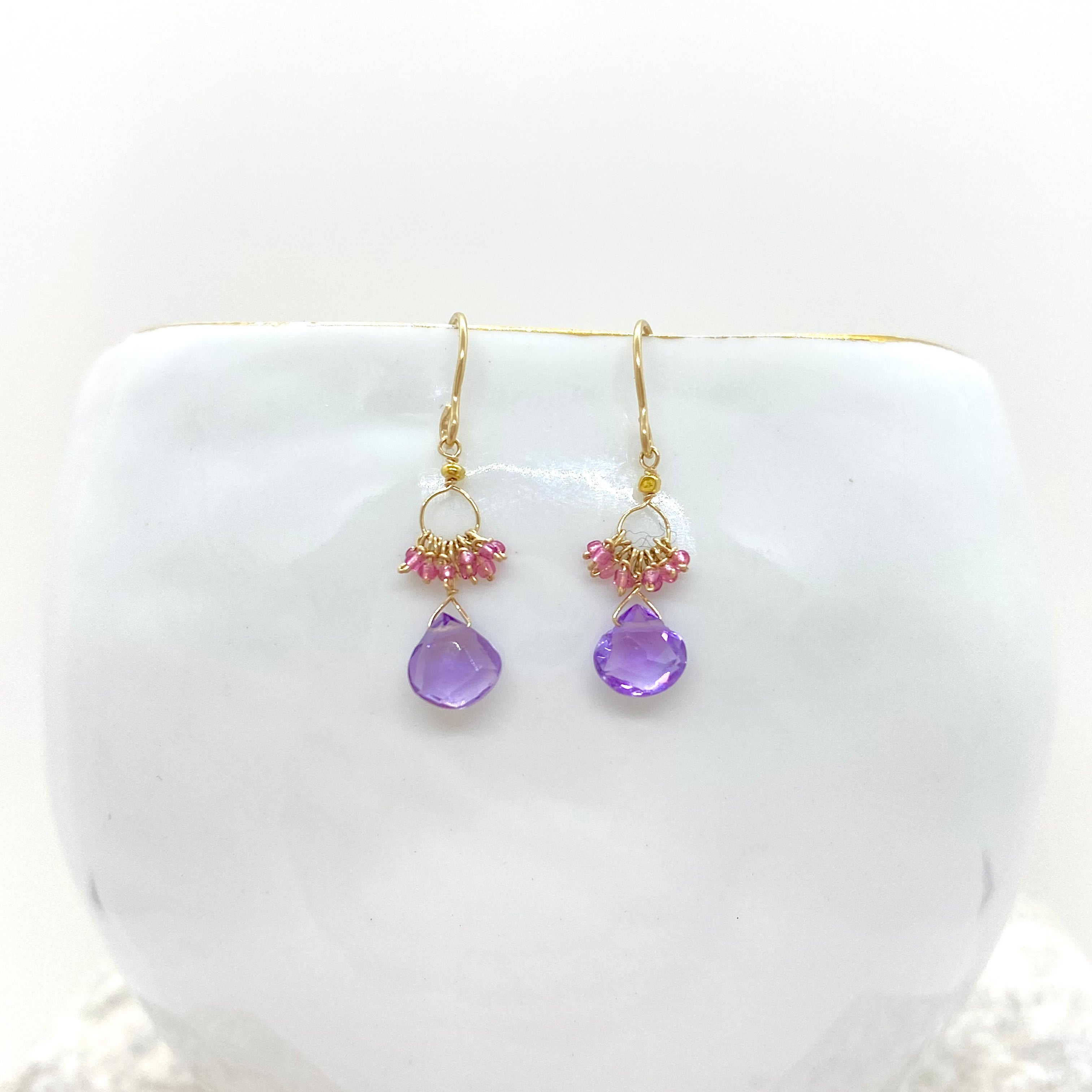 14k Gold Earrings w/ Amethyst & Antique Italian Beads