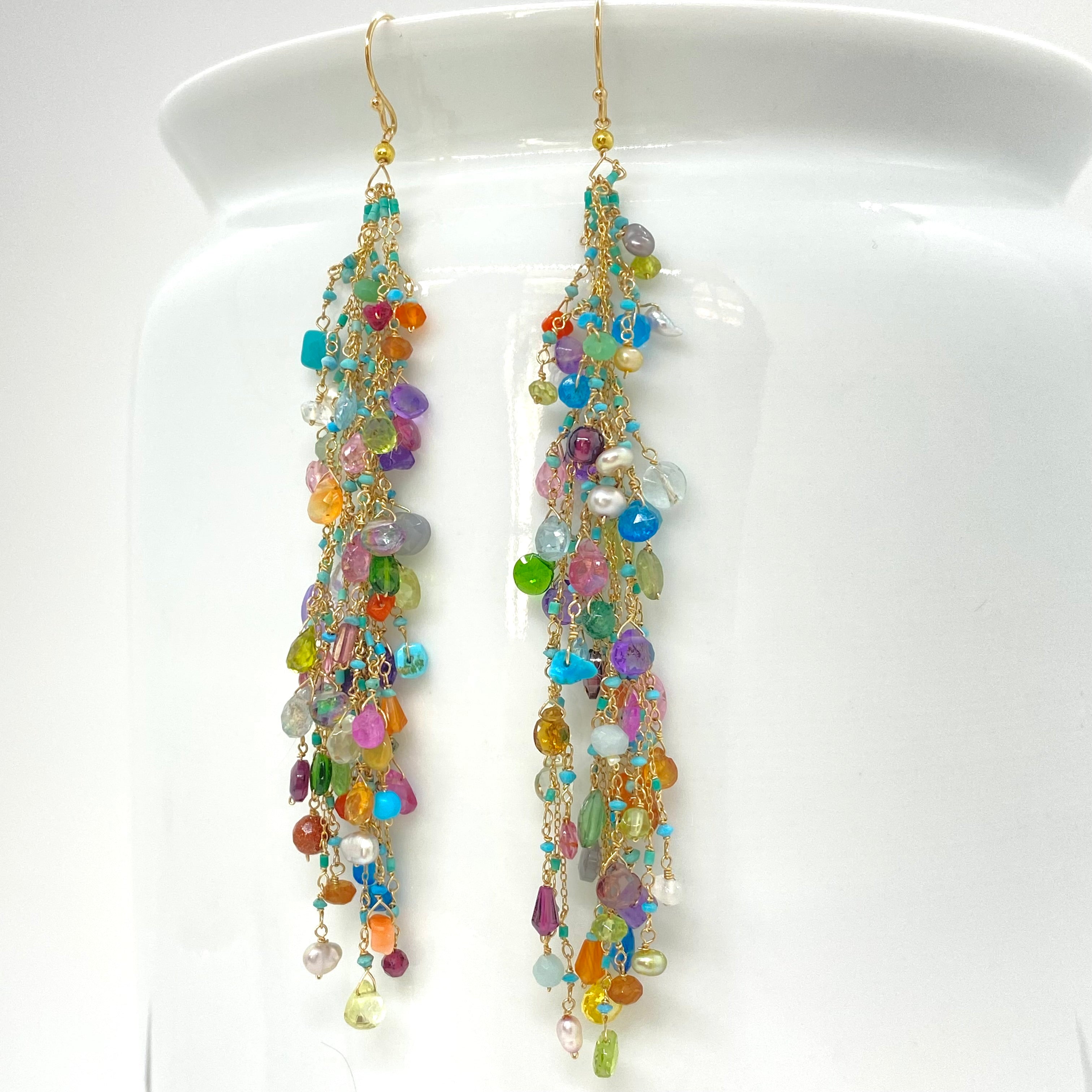 14k Gold Earrings w/ Precious Stones, Semi-Precious Stones, Afghan Turquoise, Freshwater Pearls & 18k Gold Nugget