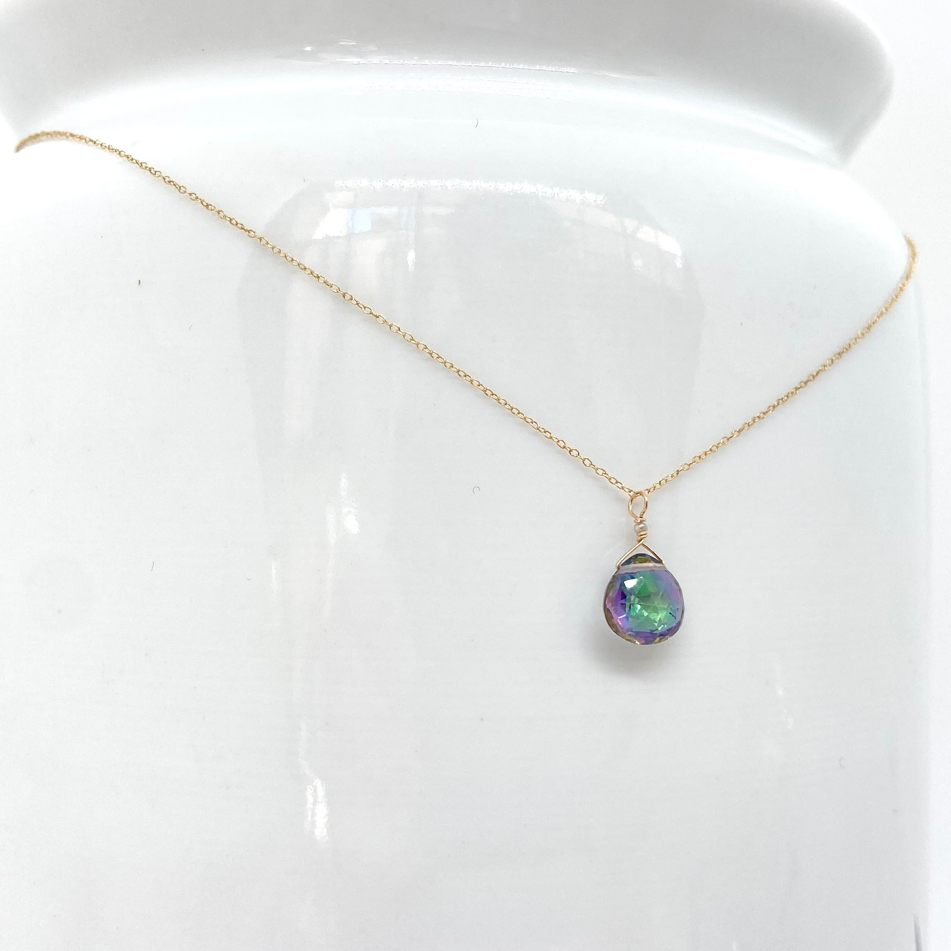 14k Gold Chain Necklace w/ Mystic Topaz & Freshwater Pearl