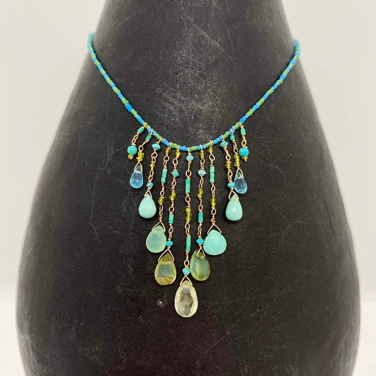 String Beaded Necklace w/ Chrysoberyl, Opal, Chrysoprase, Afghan Turquoise, Apatite & Antique Italian Beads