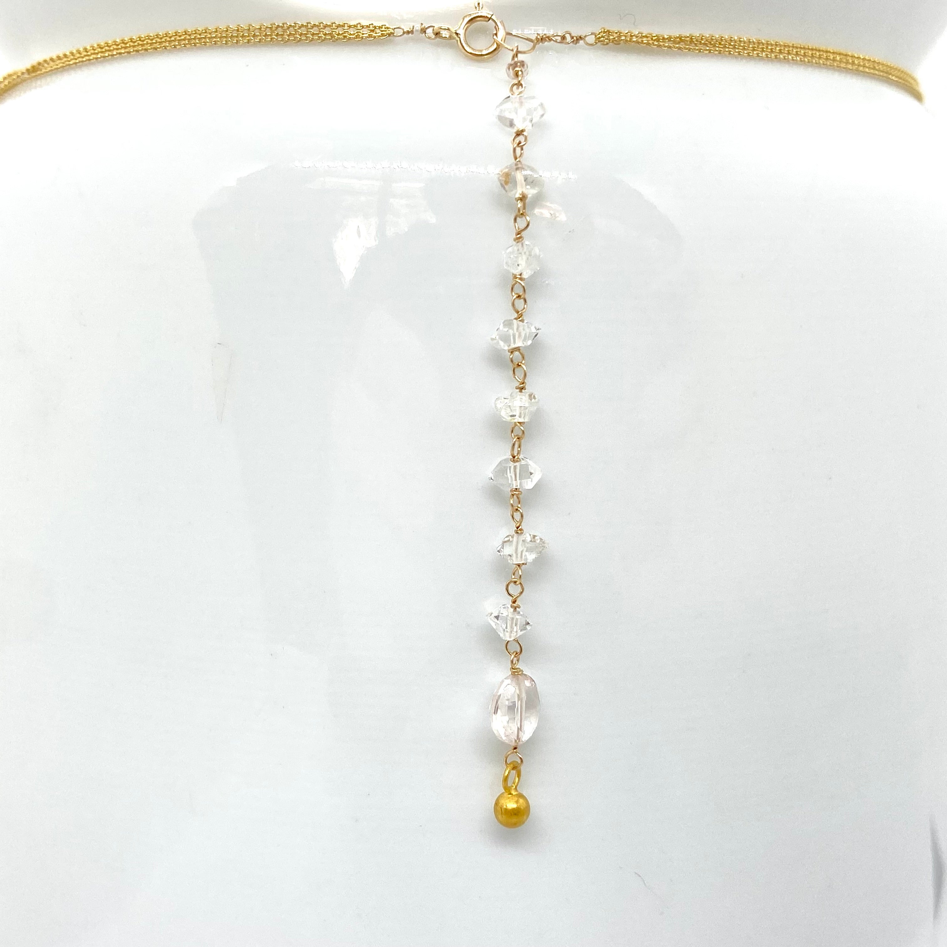 14k Gold Choker Triple-Chain Necklace w/ 18k Gold Leaf Pendant & Natural Diamond