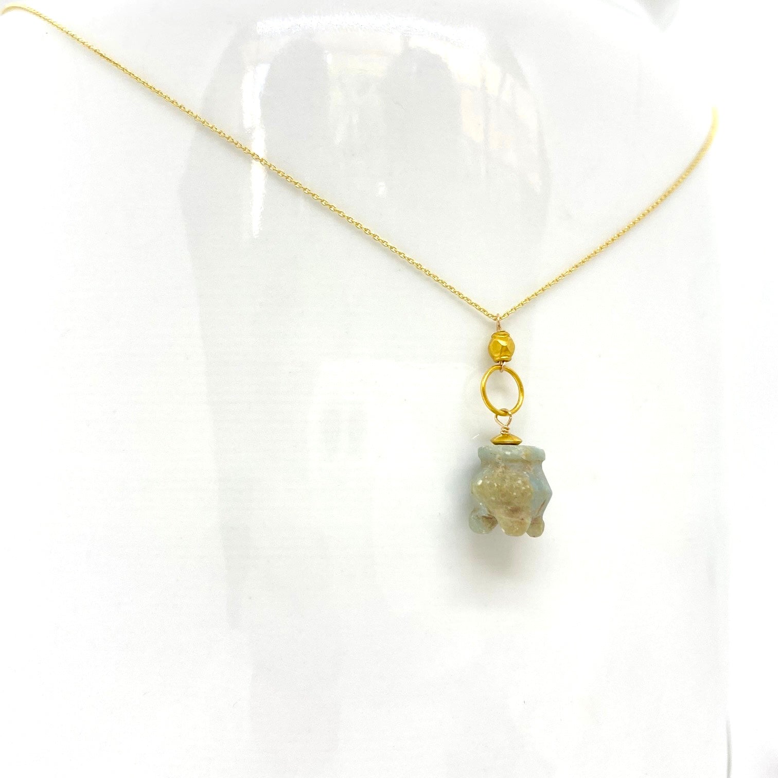 14k Gold Chain Necklace w/ Pre-Columbian Jade Pendant, 18k Gold Nugget & 18k Gold Loop