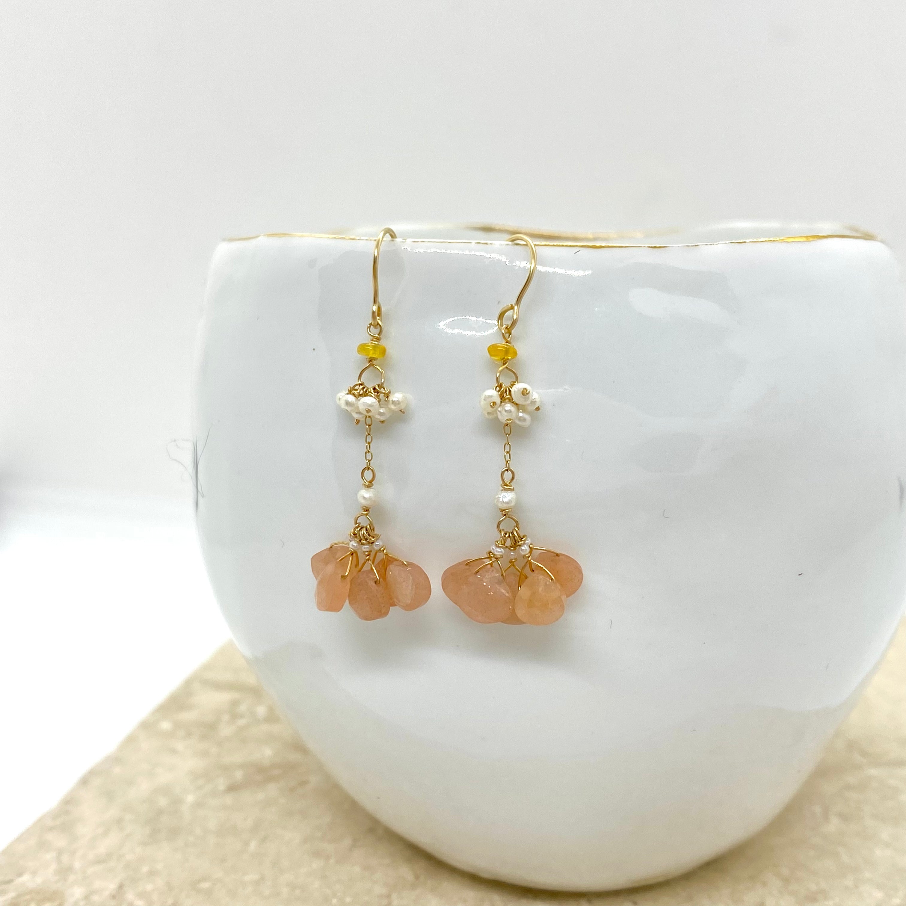 14k Gold Earrings w/ Peach Moonstone, Opal, Freshwater Pearls & Antique Italian Beads