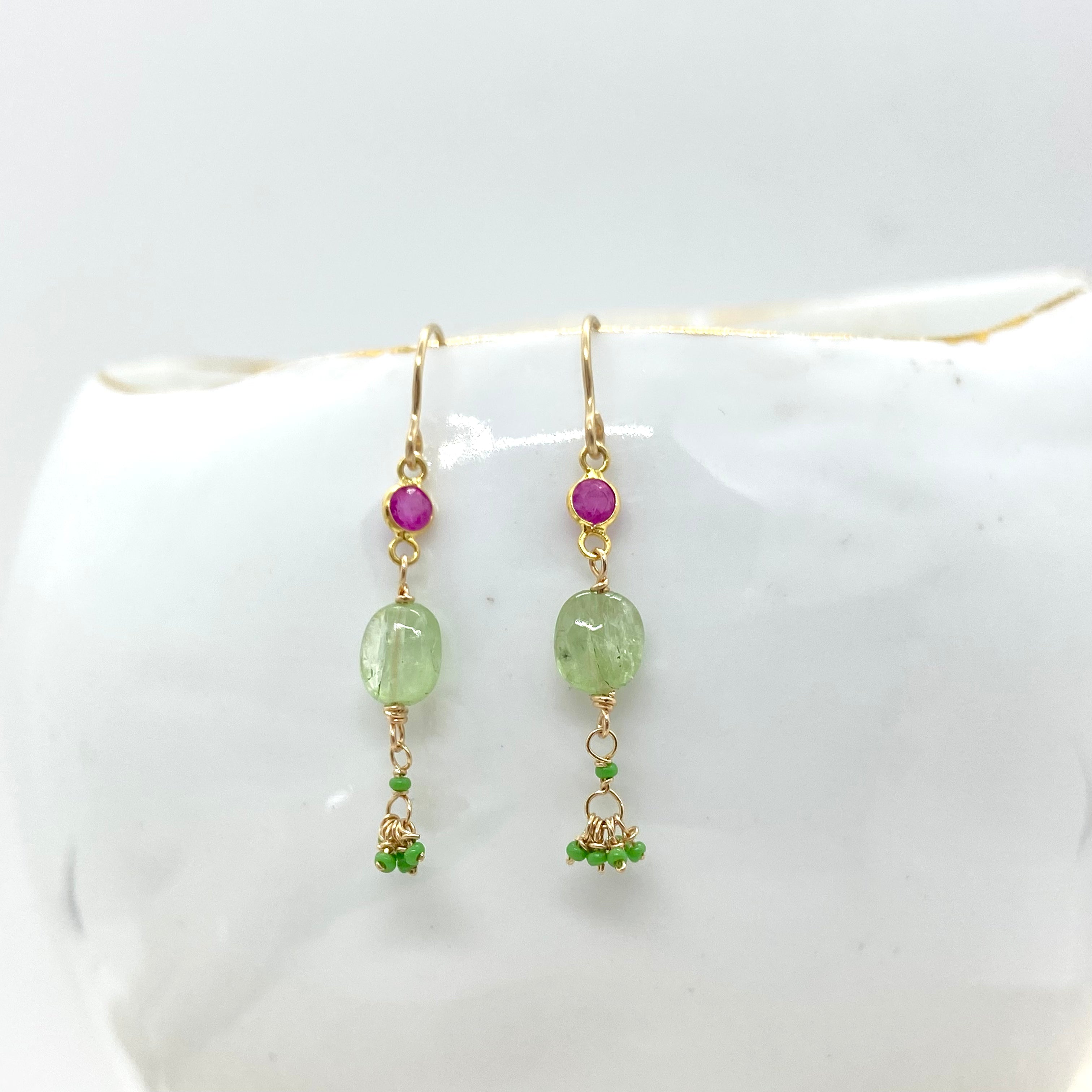 14k Gold Earrings w/ 18k Sapphire Pendants, Tsavorite & Antique Italian Beads