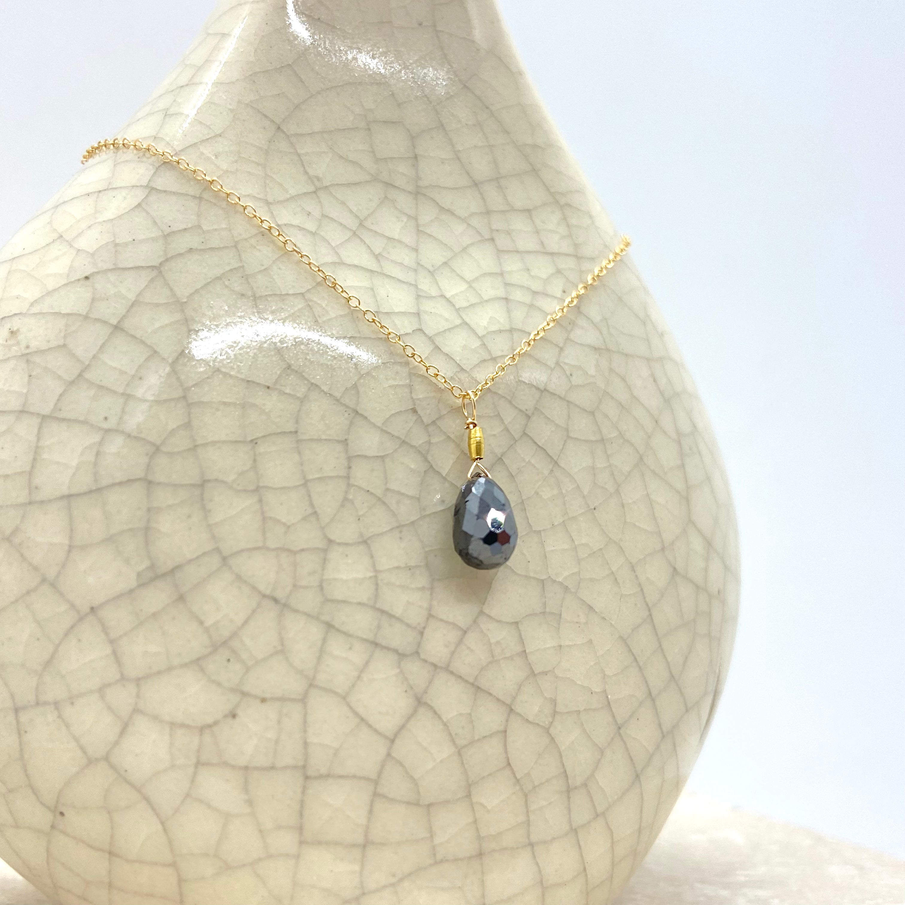 14k Gold Chain Necklace w/ Black Diamond & 18k Gold Nugget