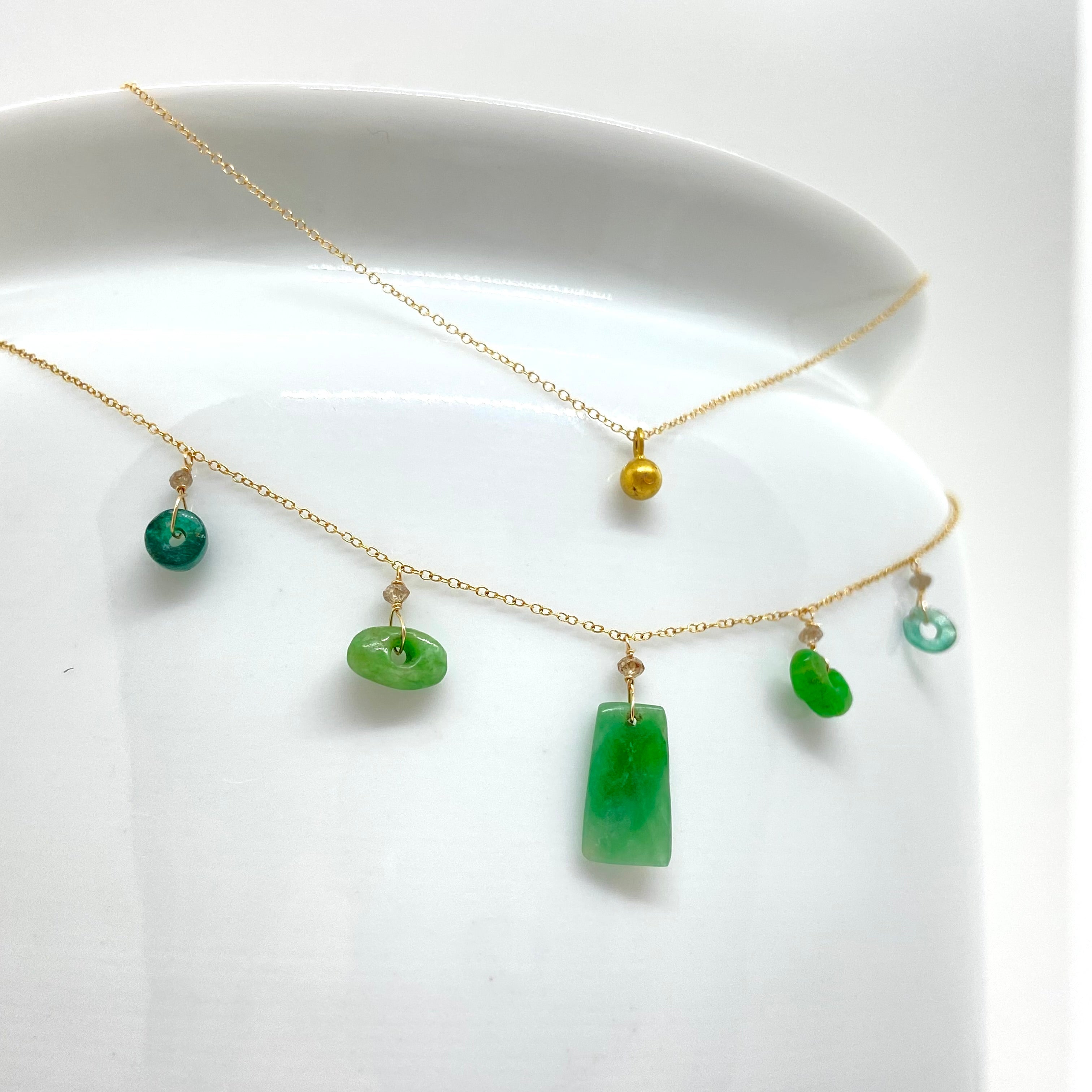14k Gold Chain Necklace w/ Emerald Jade & Diamonds