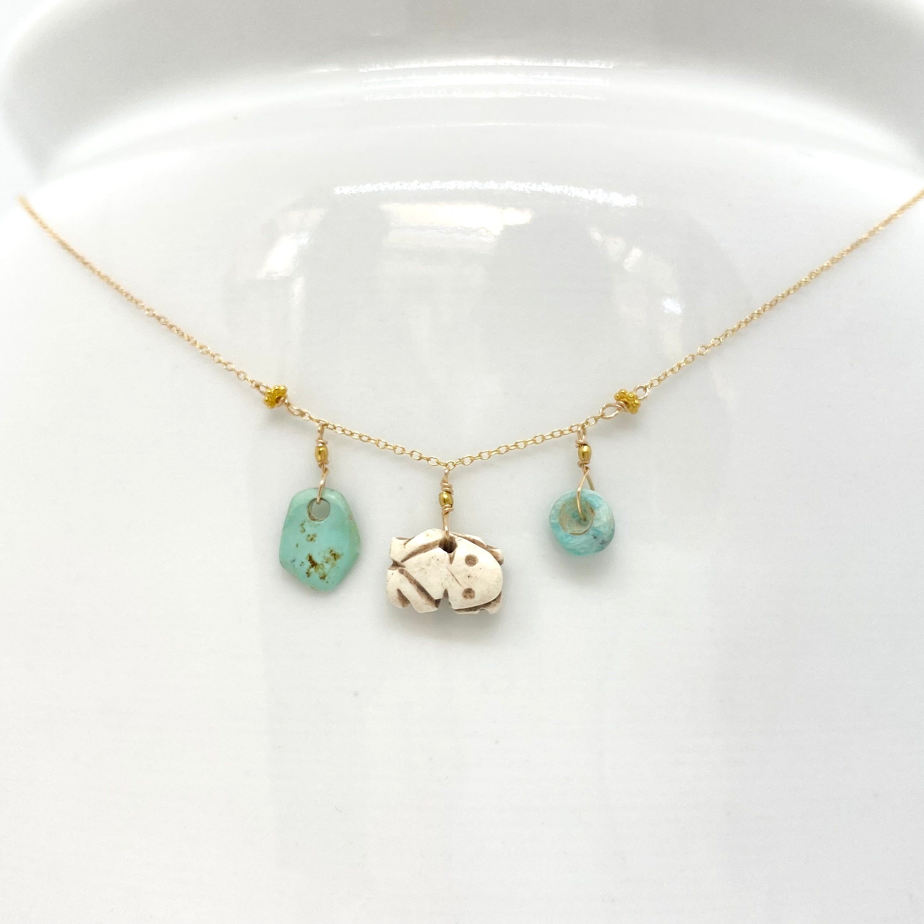 14k Gold Chain Necklace w/ Pre-Columbian Bone Frog Charm, Pre-Columbian Turquoise, 18k Gold Daisies & 18k Gold Nuggets