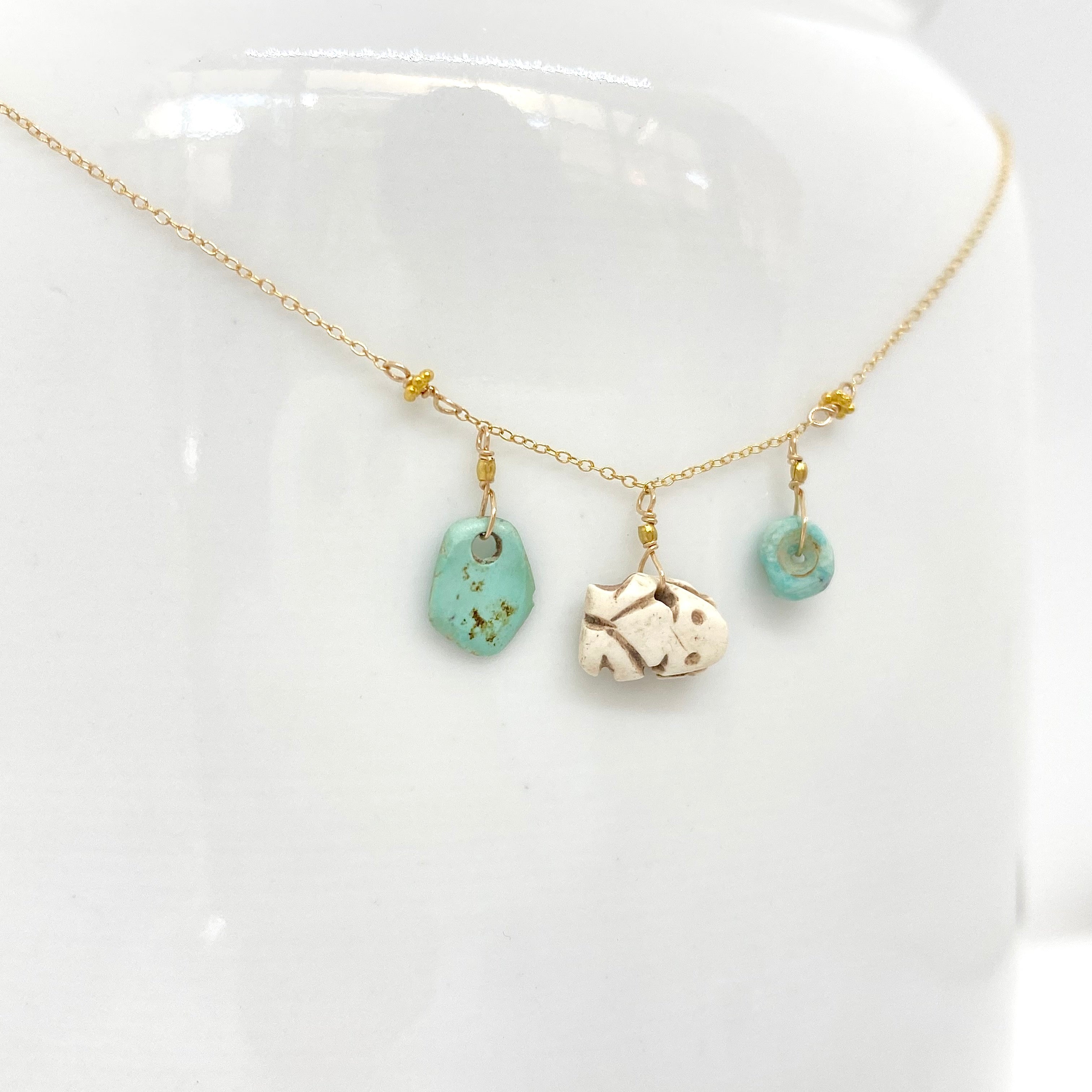 14k Gold Chain Necklace w/ Pre-Columbian Bone Frog Charm, Pre-Columbian Turquoise, 18k Gold Daisies & 18k Gold Nuggets