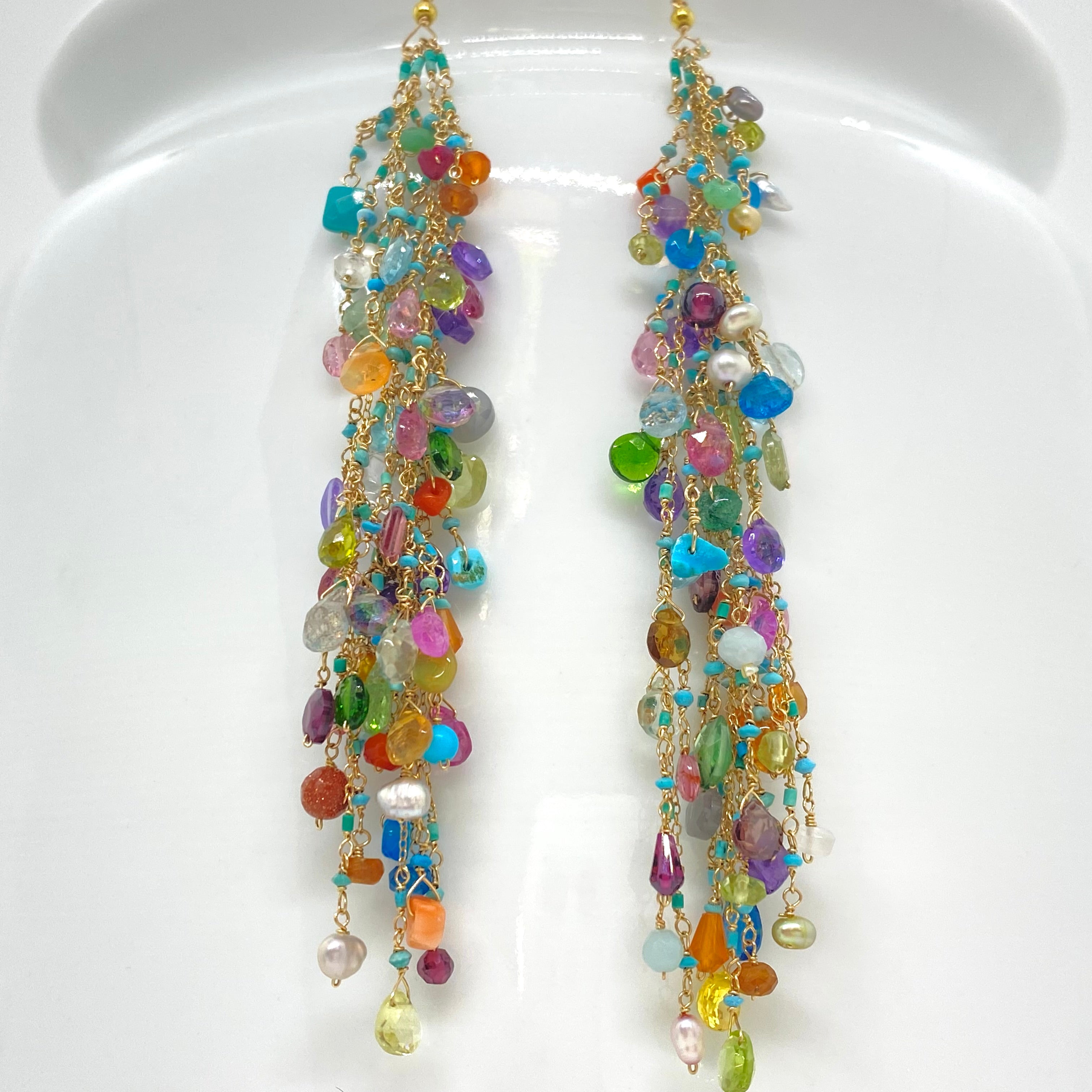 14k Gold Earrings w/ Precious Stones, Semi-Precious Stones, Afghan Turquoise, Freshwater Pearls & 18k Gold Nugget
