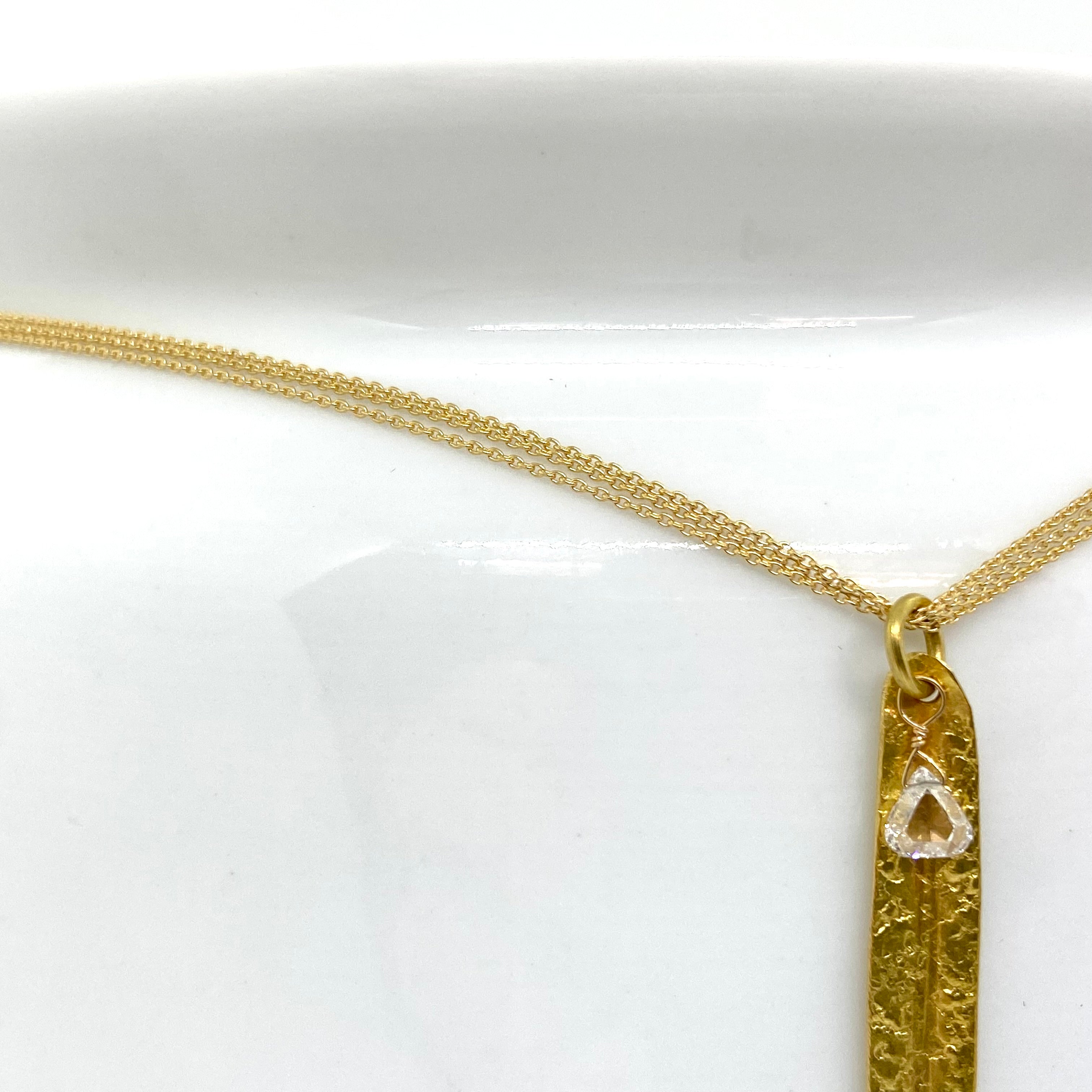 14k Gold Choker Triple-Chain Necklace w/ 18k Gold Leaf Pendant & Natural Diamond
