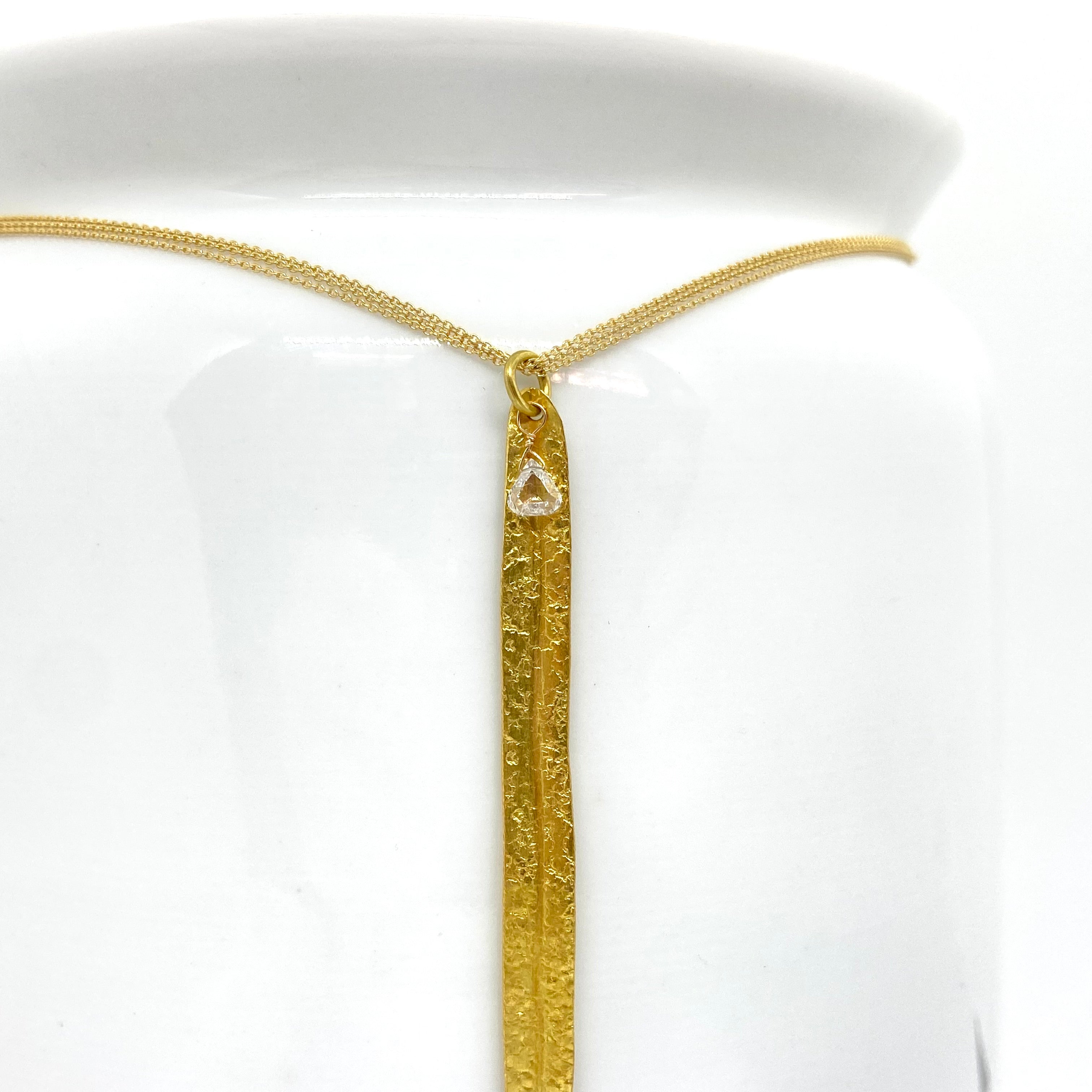 14k Gold Choker Triple-Chain Necklace w/ 18k Gold Leaf Pendant & Natural Diamond