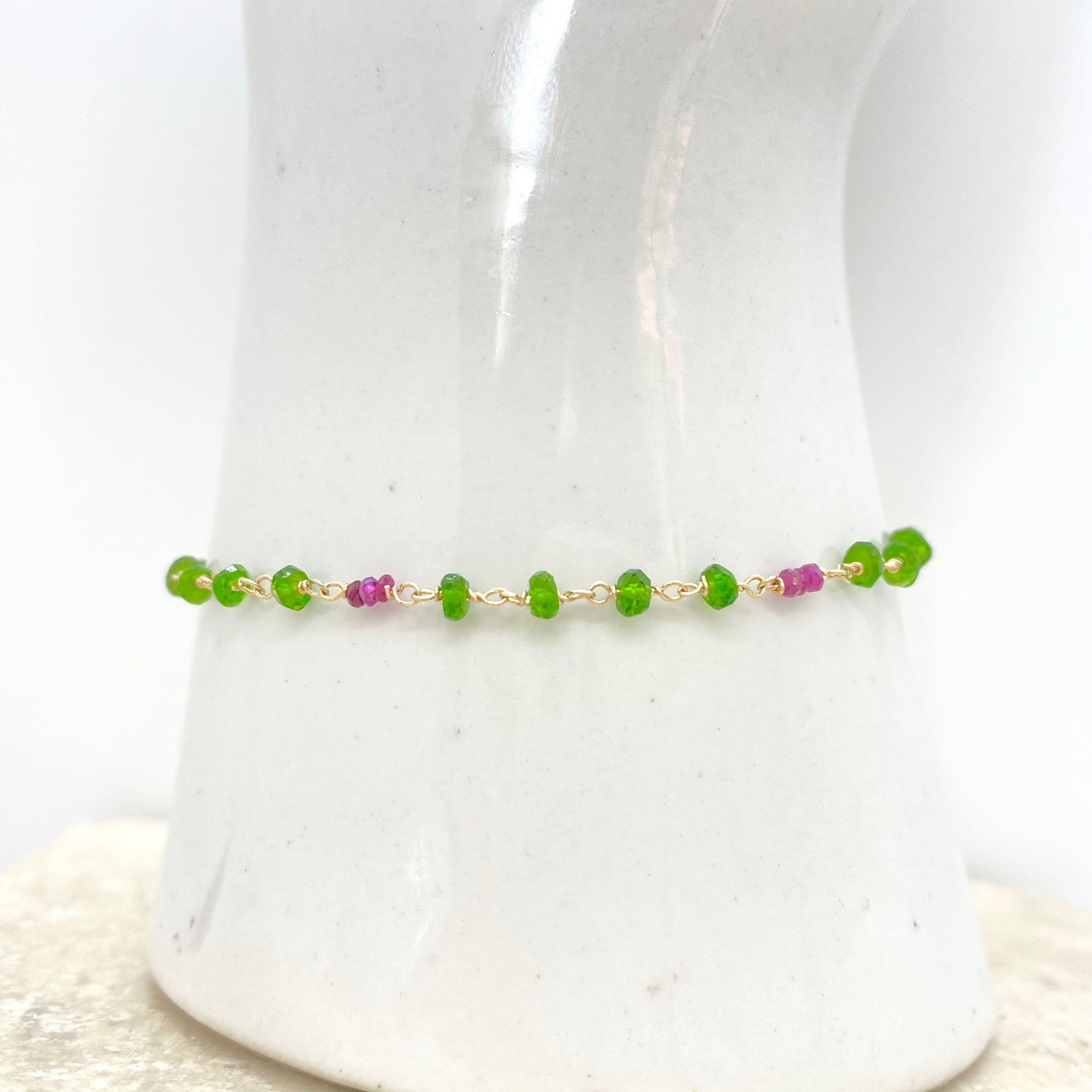 14k Gold Bracelet w/ Tsavorite, Rubies & Jade Drop