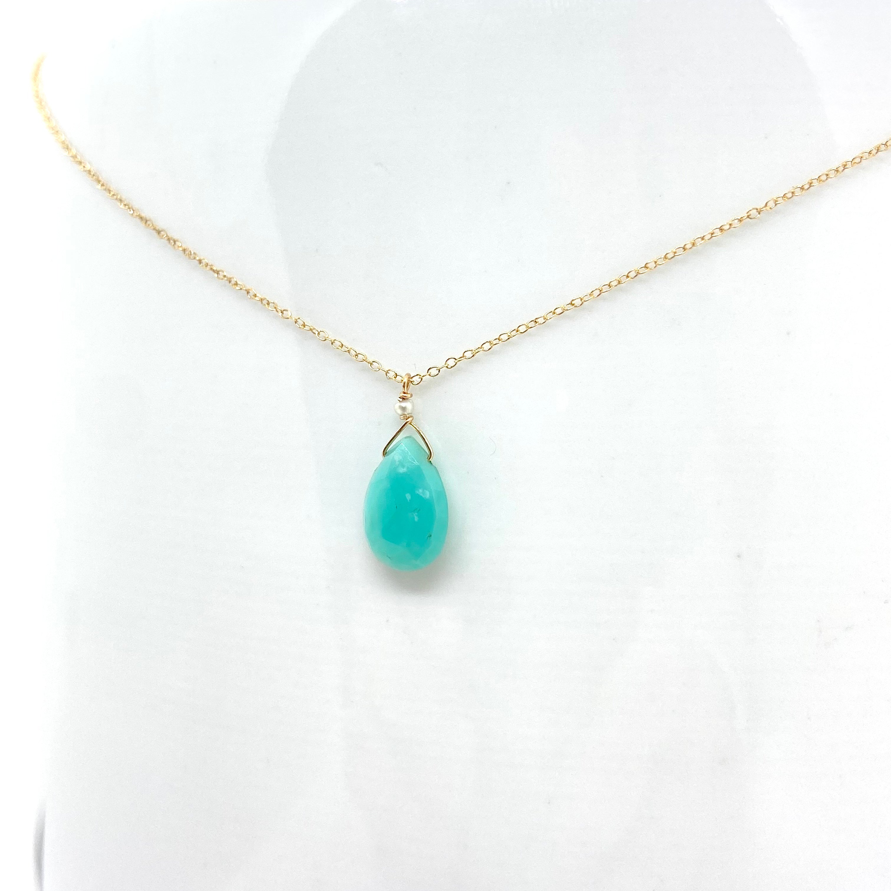 14k Gold Chain Necklace w/ Turquoise & Freshwater Pearl