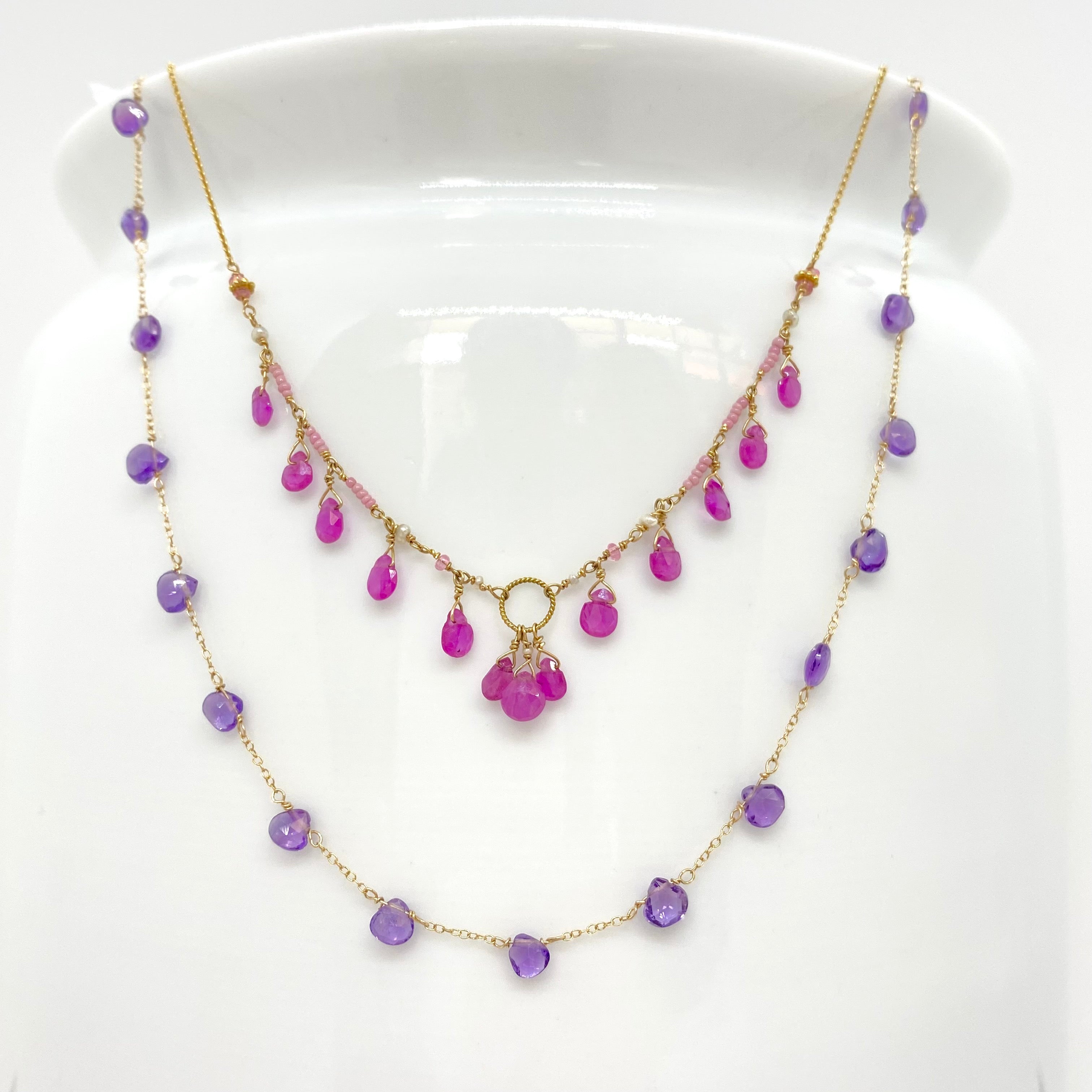 14k Gold Chain Necklace w/ Pink Sapphires, Freshwater Pearls, 18k Gold Daisy, 18k Gold Loop & Antique Italian Beads