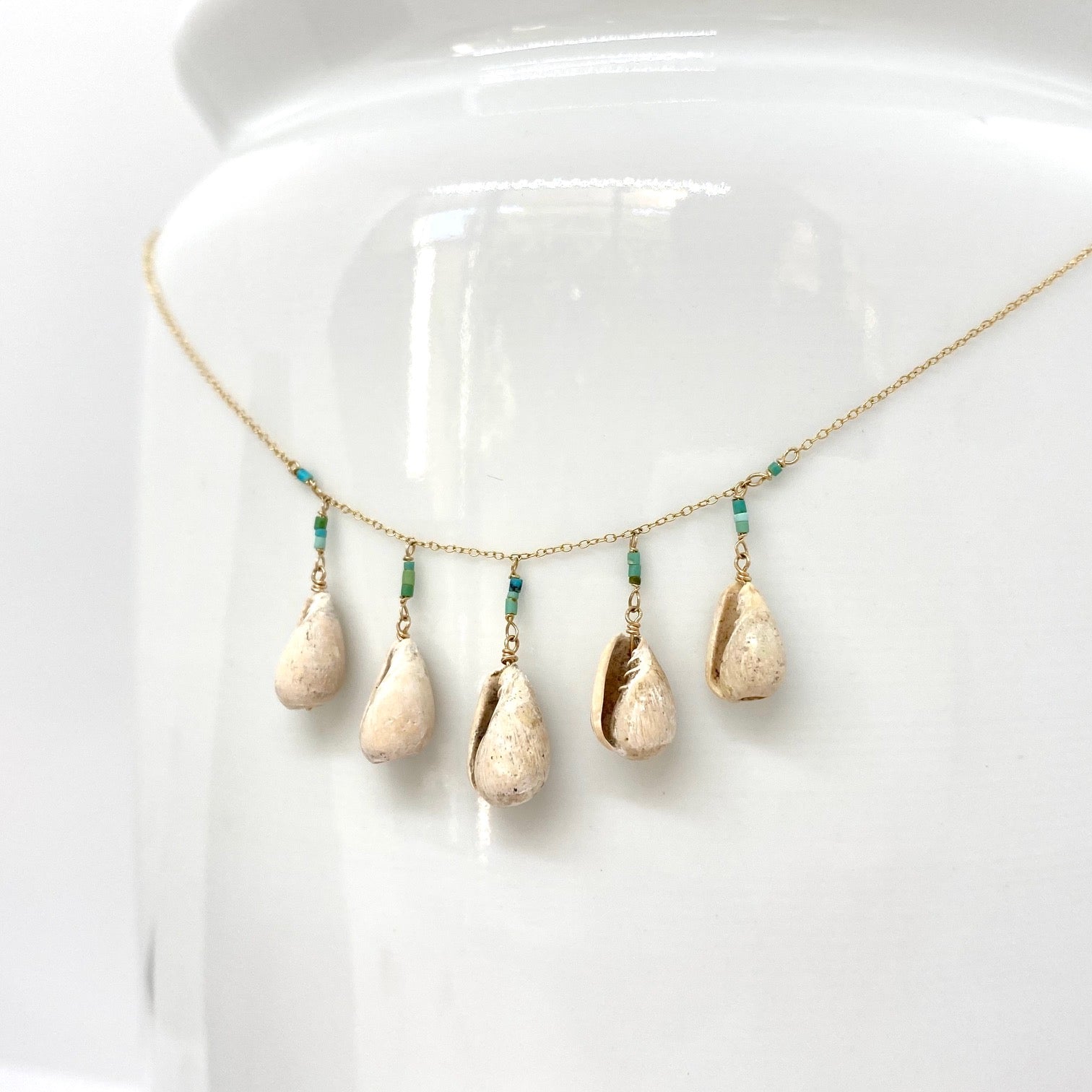 14k Gold Chain Necklace w/ Pre-Columbian Shells & Afghan Turquoise