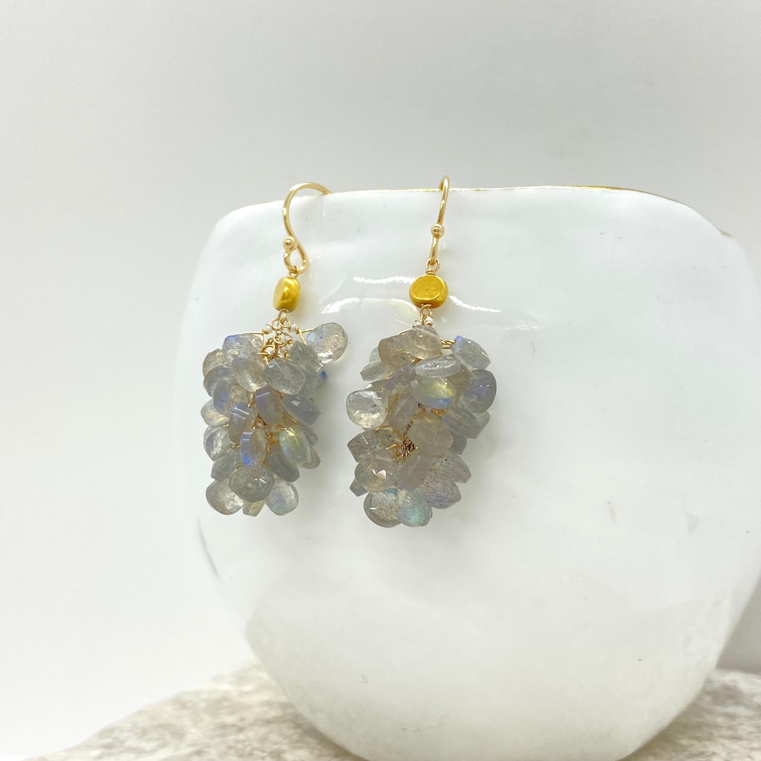 14k Gold Earrings w/ Grey Moonstone, 18k Gold Nugget & Antique Italian Beads