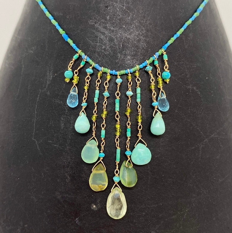 String Beaded Necklace w/ Chrysoberyl, Opal, Chrysoprase, Afghan Turquoise, Apatite & Antique Italian Beads