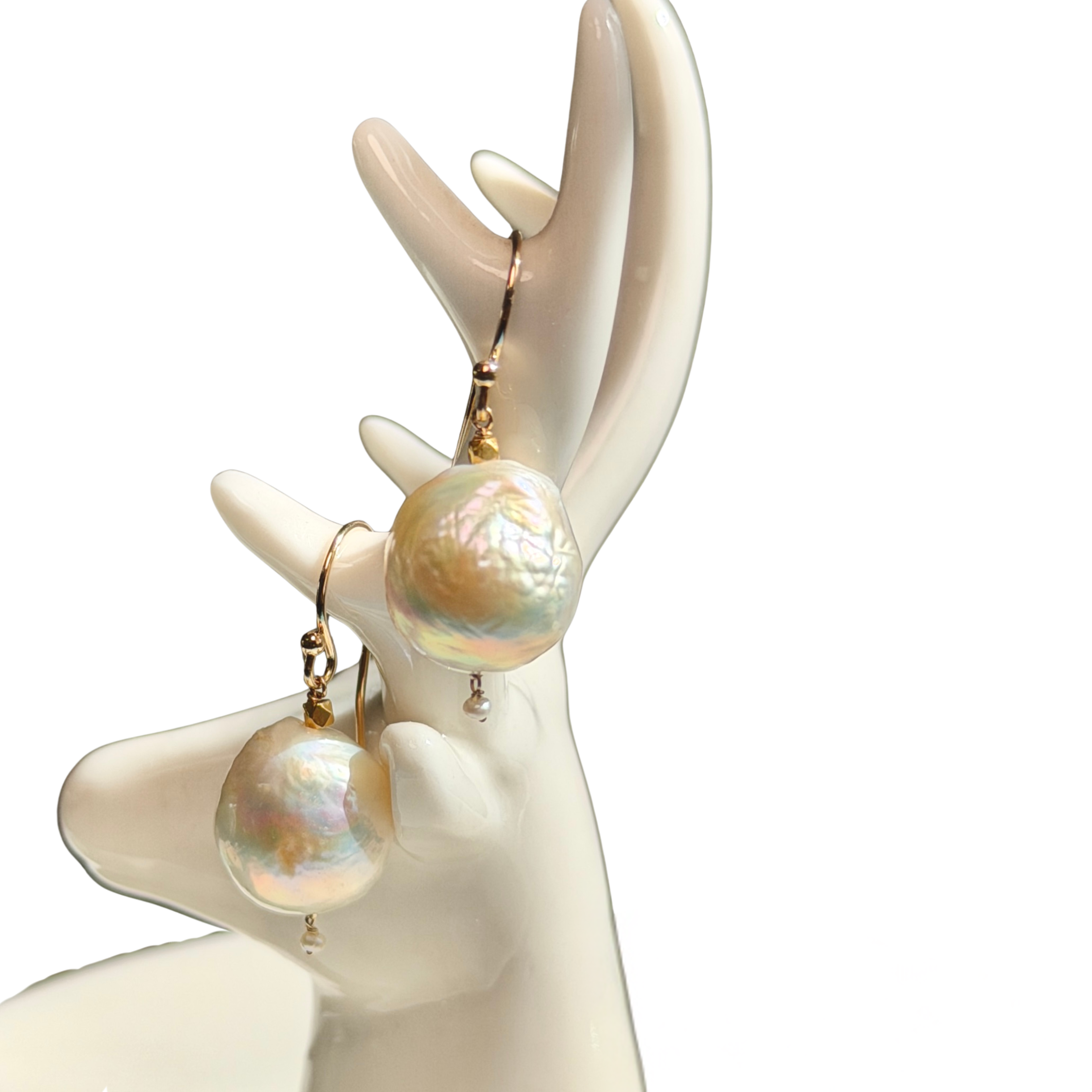 14k Gold Earrings w/ Edison Pearls & 18k Gold Nugget