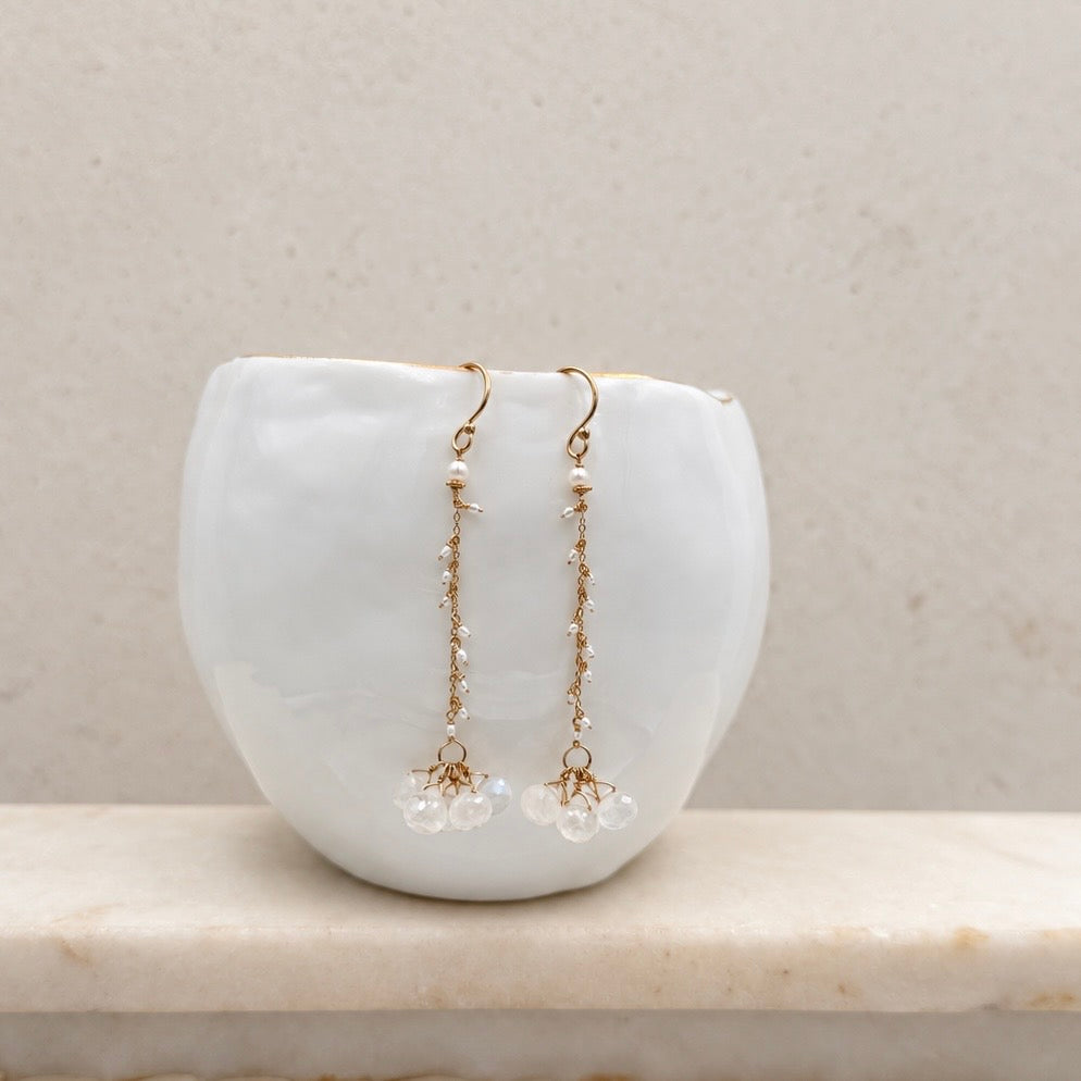 14k Gold Earrings w/ Moonstone, Keshi Pearls & 18k Gold Nugget