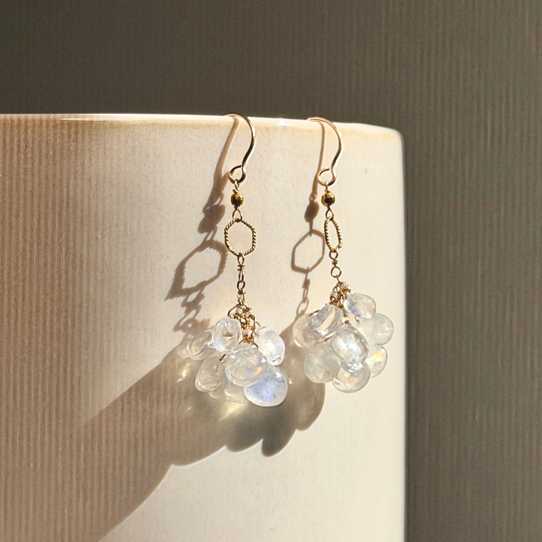 14k Gold Earrings w/ Moonstone, 18k Gold Loop & 18k Gold Nugget