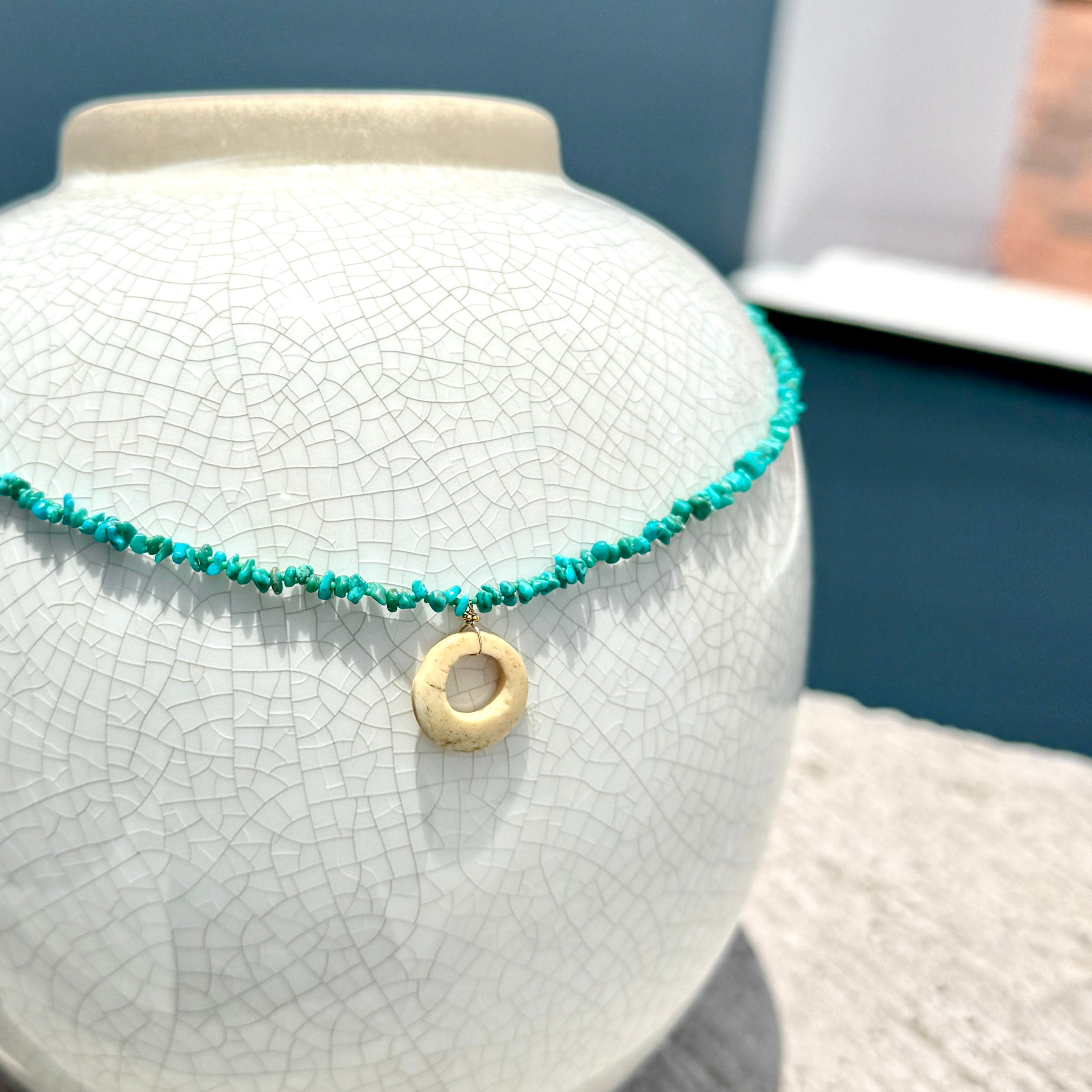 String Beaded 14k Gold Necklace w/ Pre-Columbian Bone, 18k Gold Nugget & Turquoise Chips