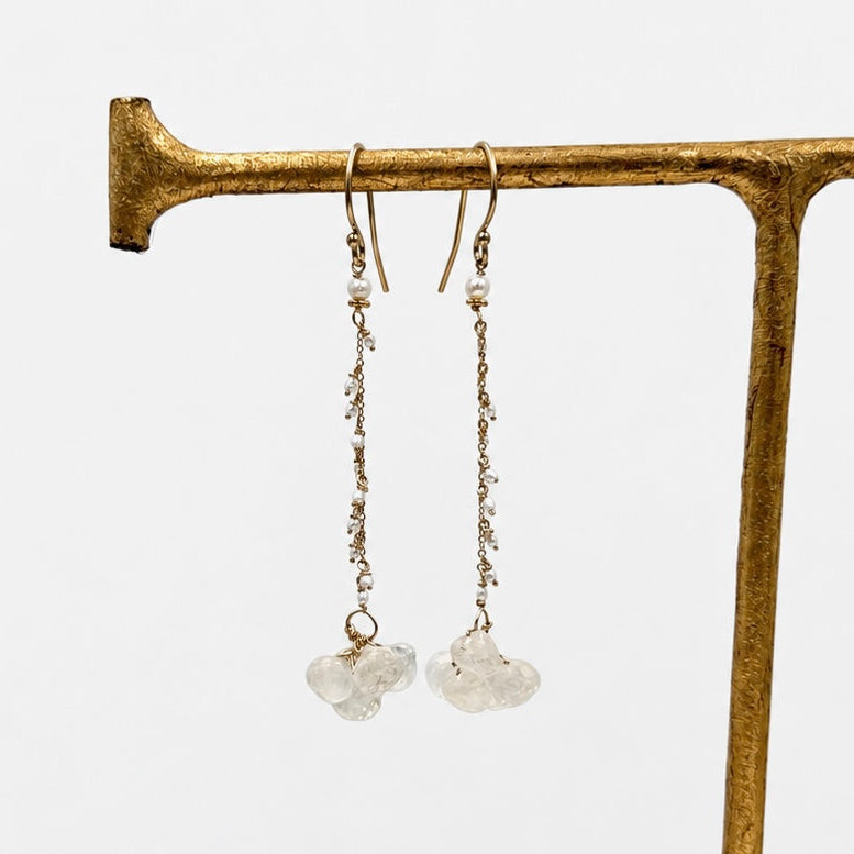 14k Gold Earrings w/ Moonstone, Keshi Pearls & 18k Gold Nugget