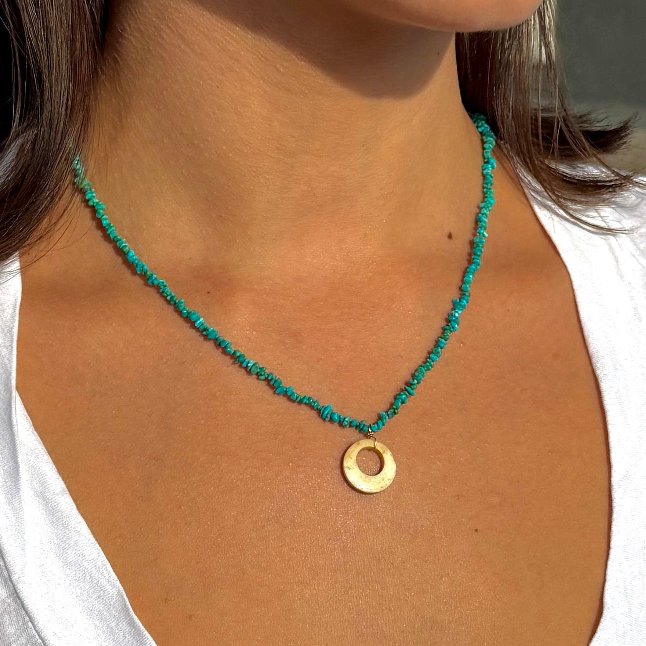 String Beaded 14k Gold Necklace w/ Pre-Columbian Bone, 18k Gold Nugget & Turquoise Chips