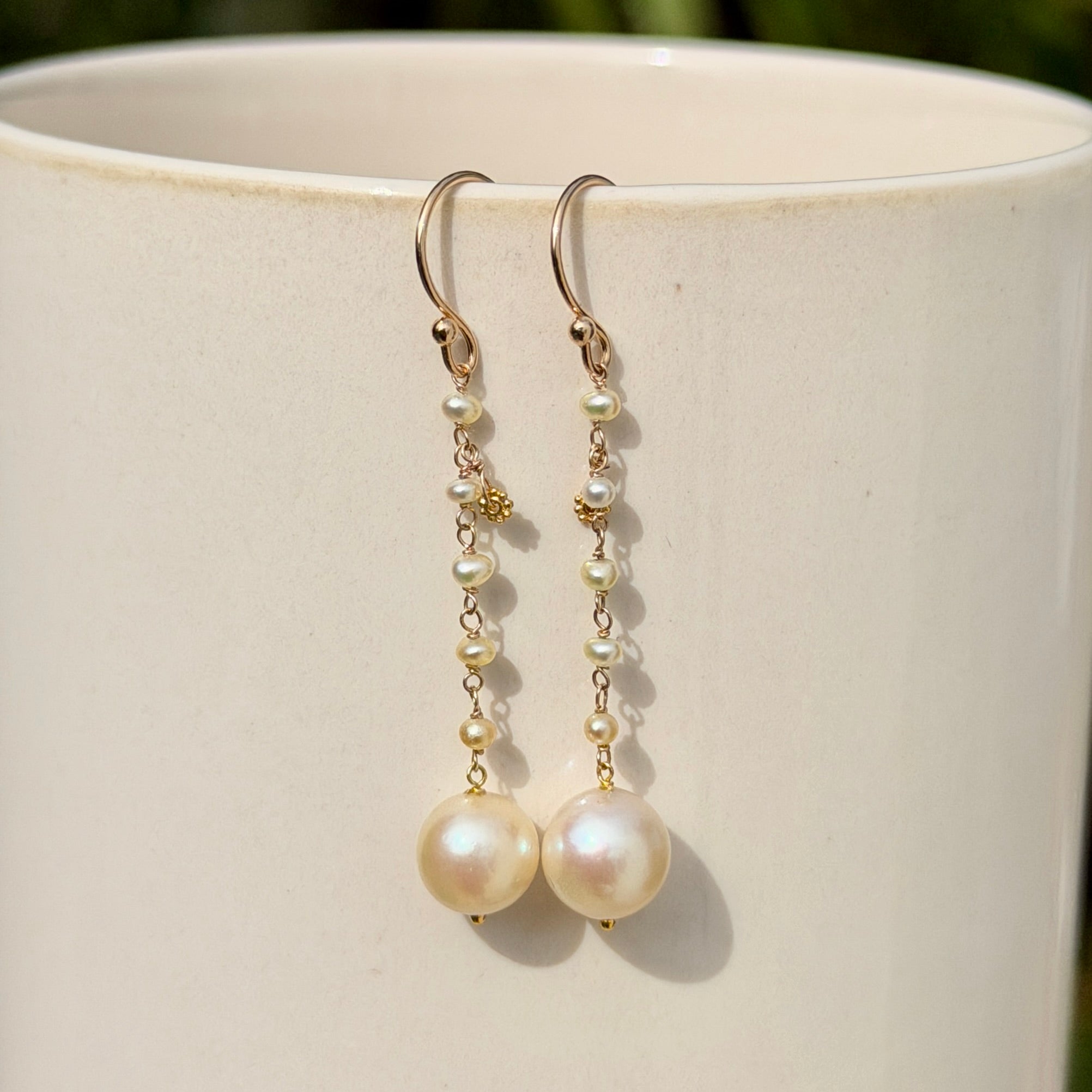 14k Gold Earrings w/ Cream Akoya Pearls, 18k Gold Daisy & 18k Gold Loop