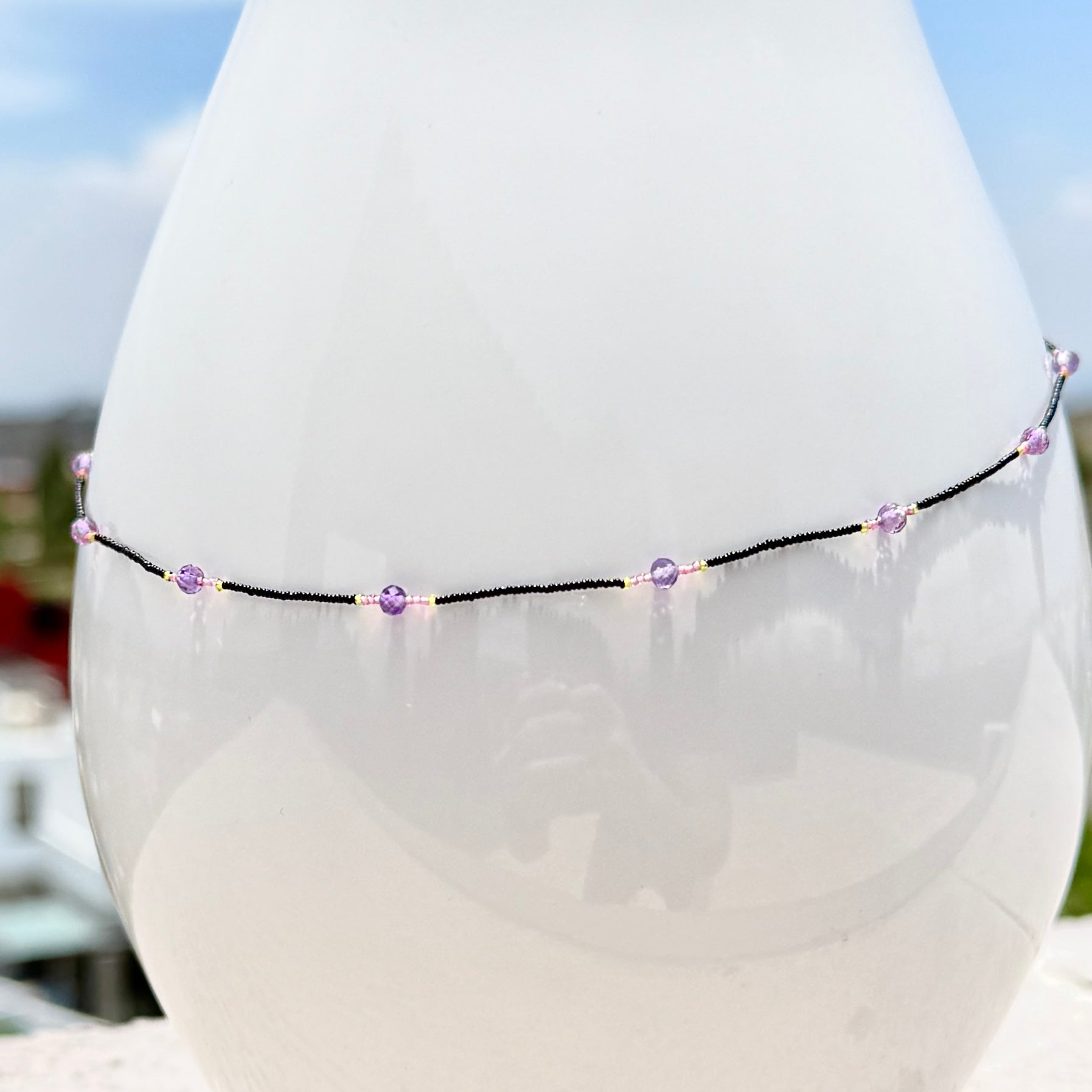 String Beaded Necklace w/ Amethyst & Antique Italian Glass