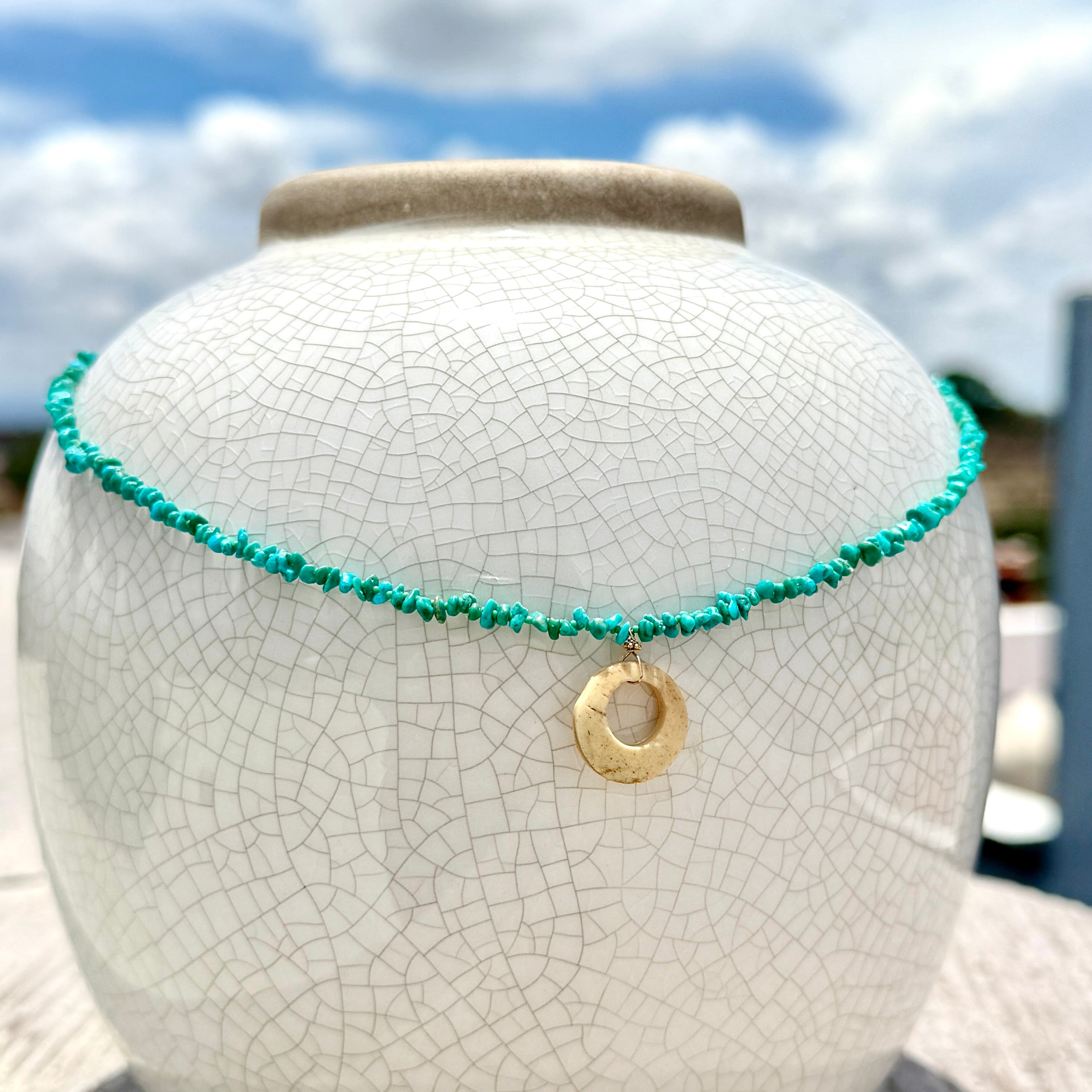 String Beaded 14k Gold Necklace w/ Pre-Columbian Bone, 18k Gold Nugget & Turquoise Chips
