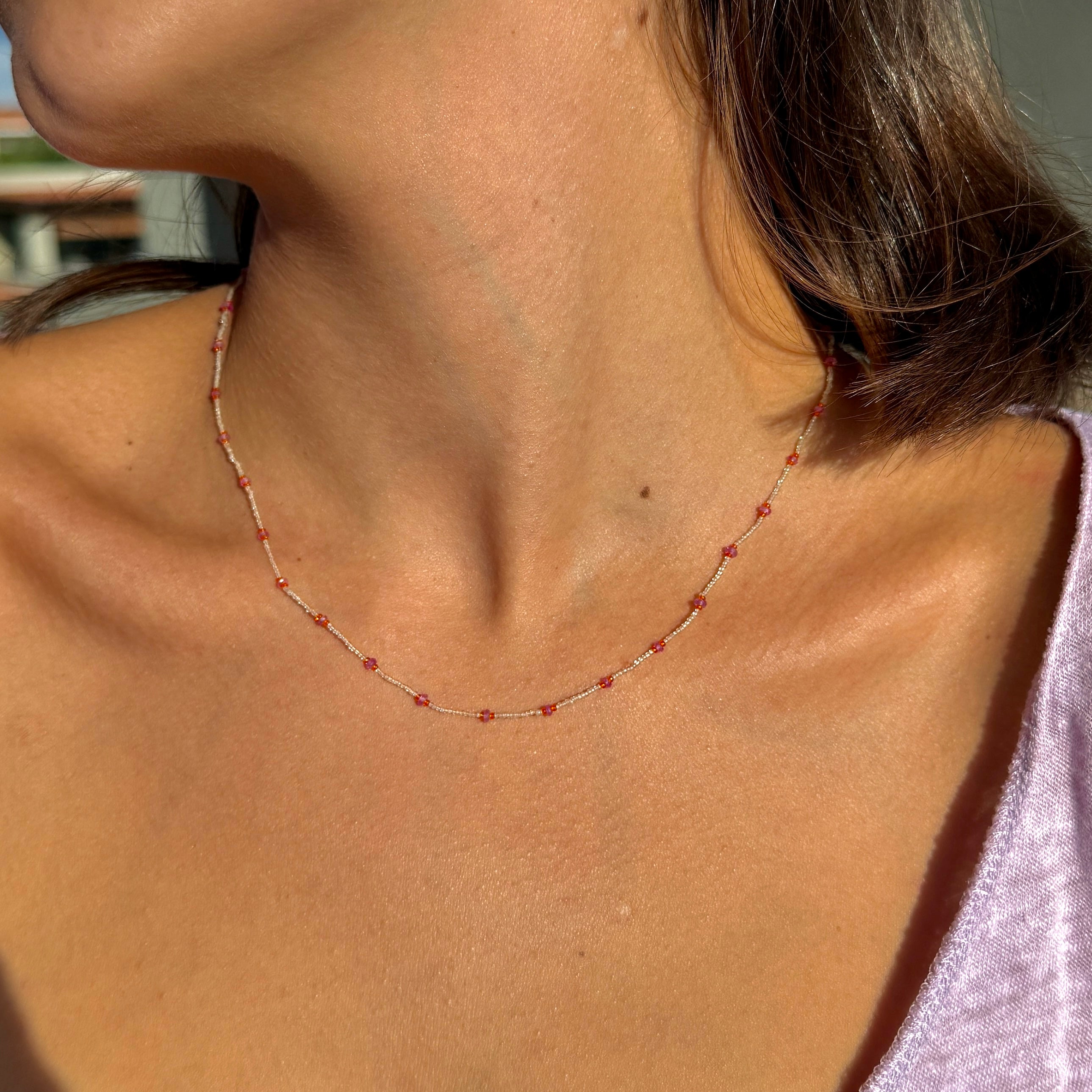 String Beaded Necklace w/ Pink Sapphires & Antique Italian Beads