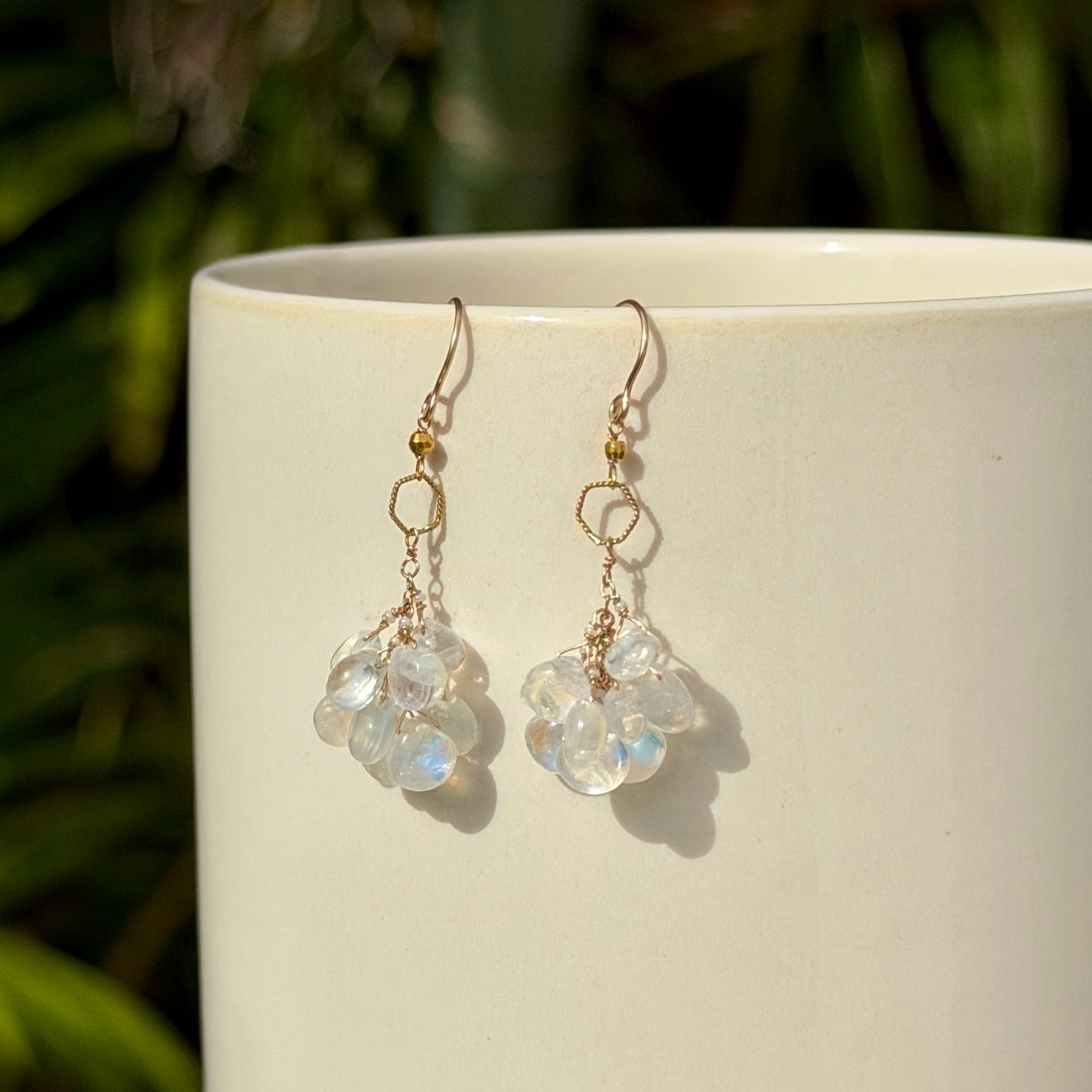 14k Gold Earrings w/ Moonstone, 18k Gold Loop & 18k Gold Nugget