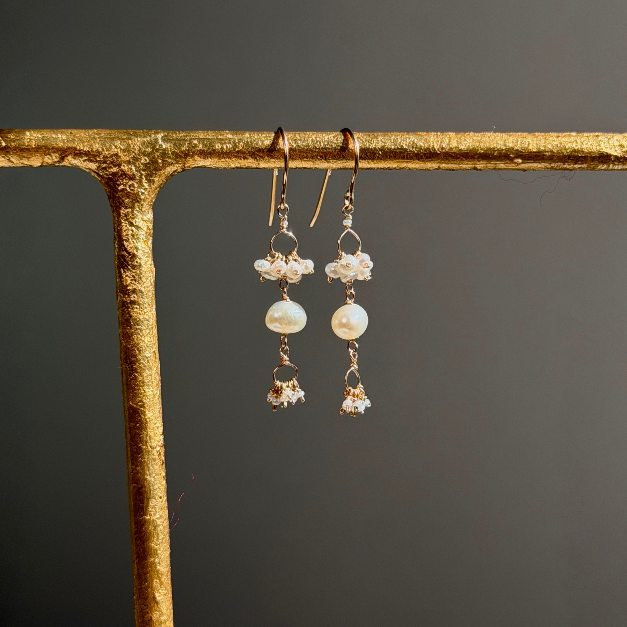 14k Gold Earrings w/ Japenese Akoya Pearl, Freshwater Pearls & Antique Italian Beads