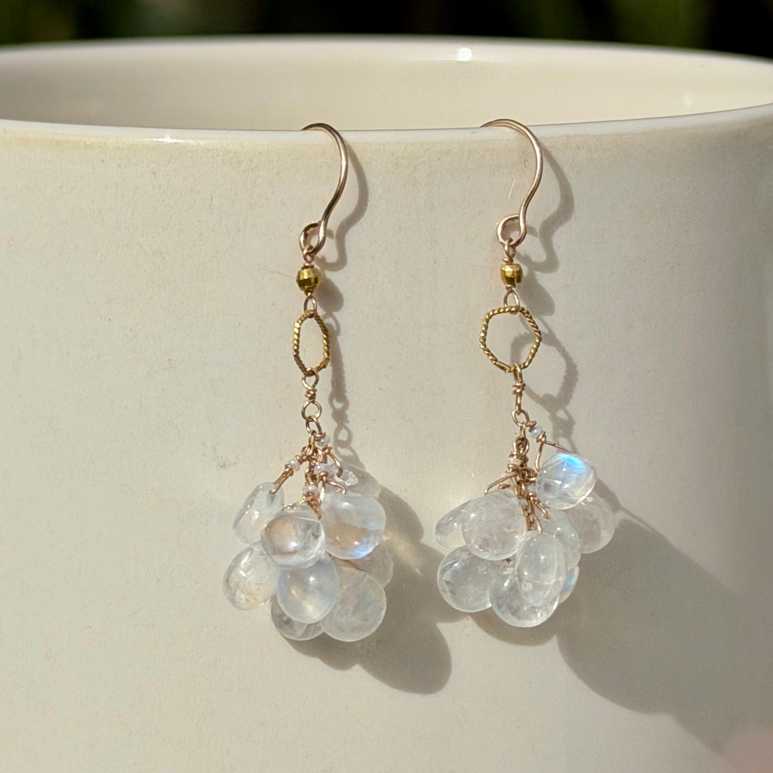14k Gold Earrings w/ Moonstone, 18k Gold Loop & 18k Gold Nugget