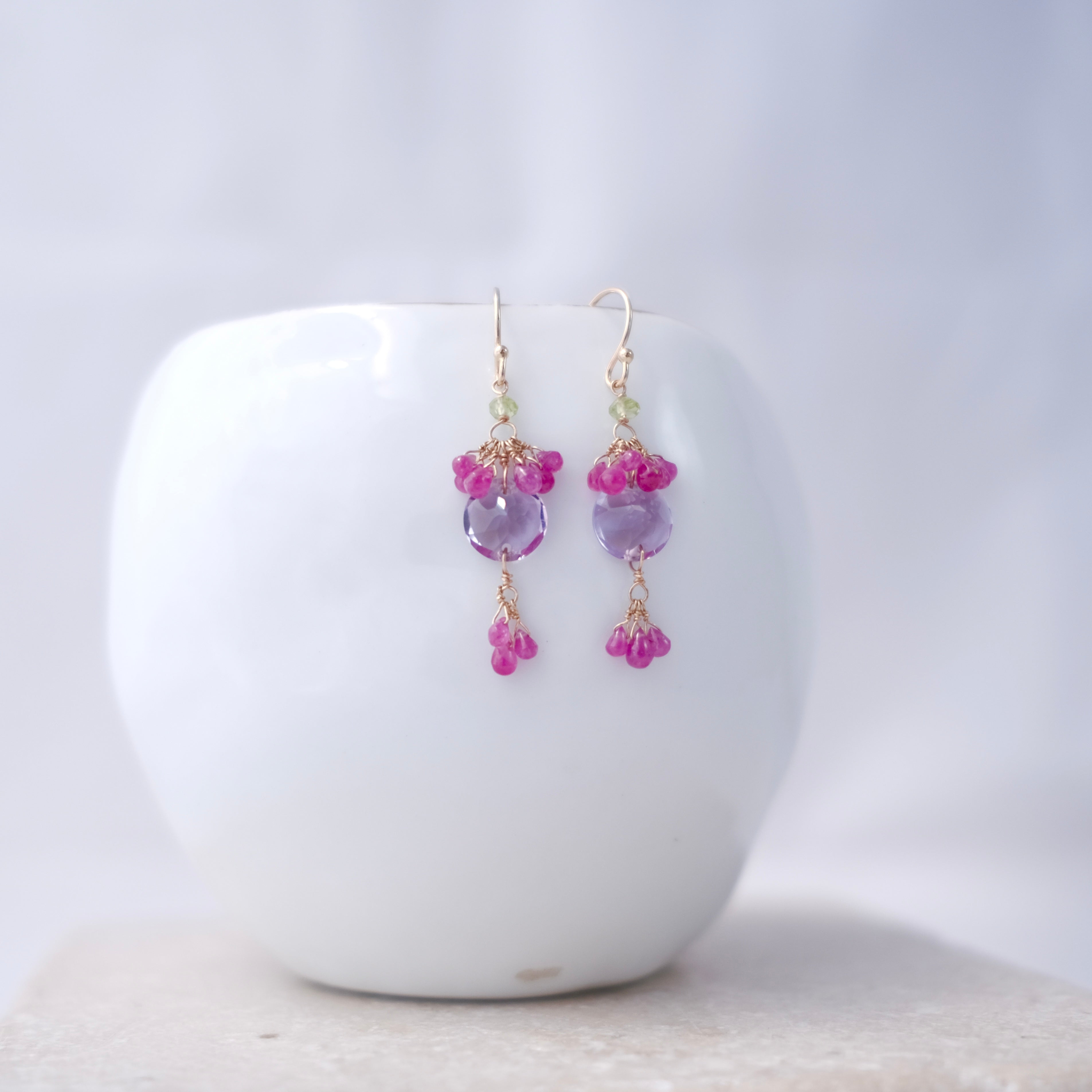 14k Gold Earrings w/ Amethyst, Pink Sapphires & Peridot