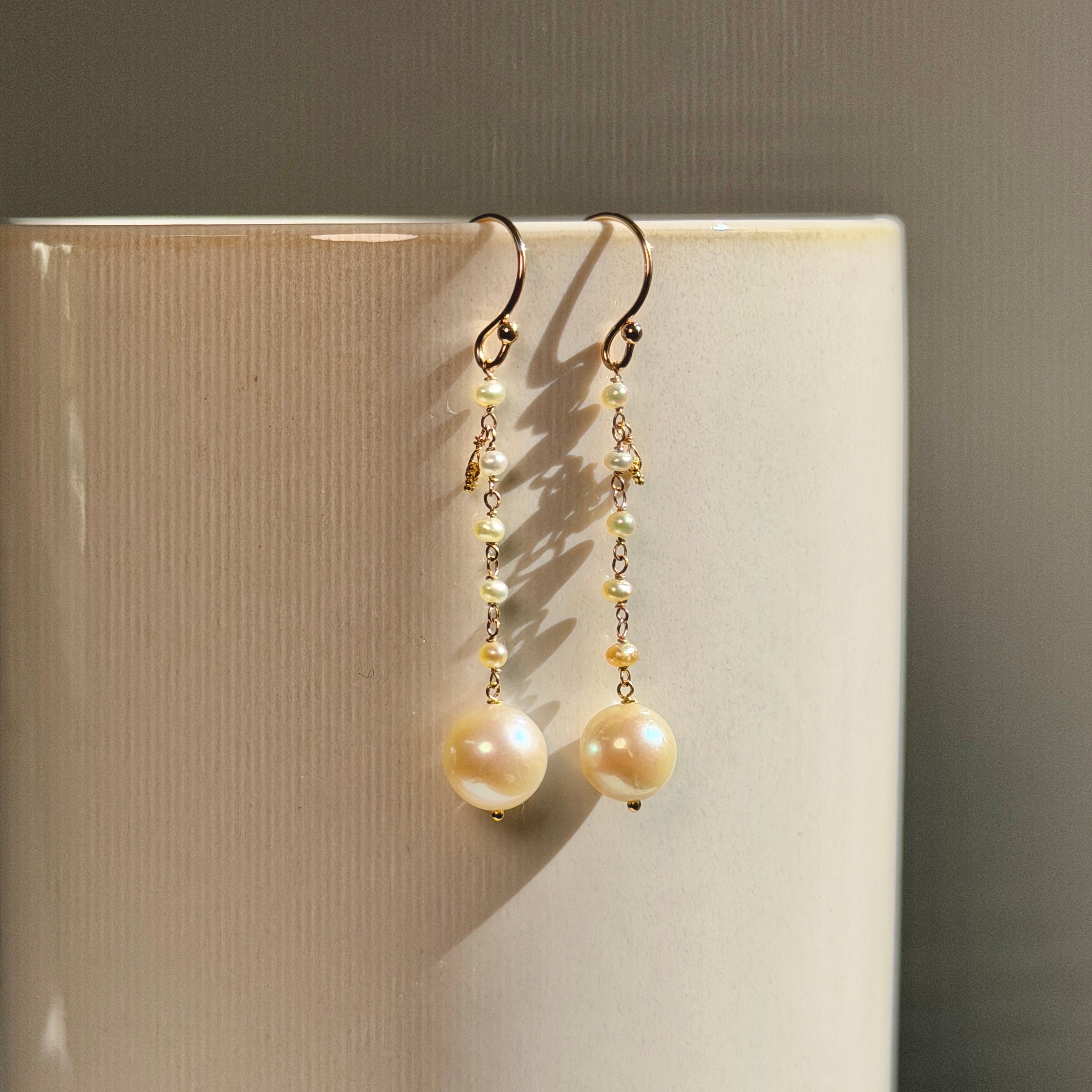 14k Gold Earrings w/ Cream Akoya Pearls, 18k Gold Daisy & 18k Gold Loop