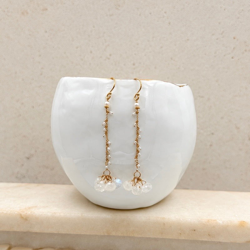 14k Gold Earrings w/ Moonstone, Keshi Pearls & 18k Gold Nugget