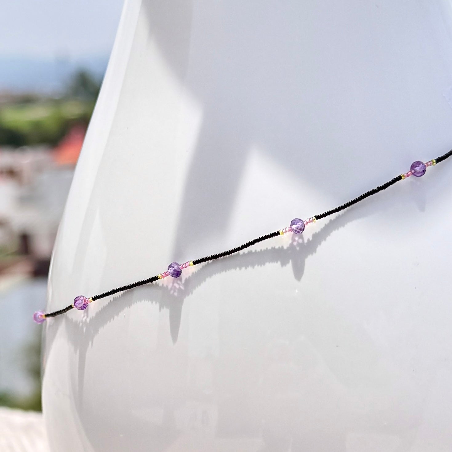 String Beaded Necklace w/ Amethyst & Antique Italian Glass