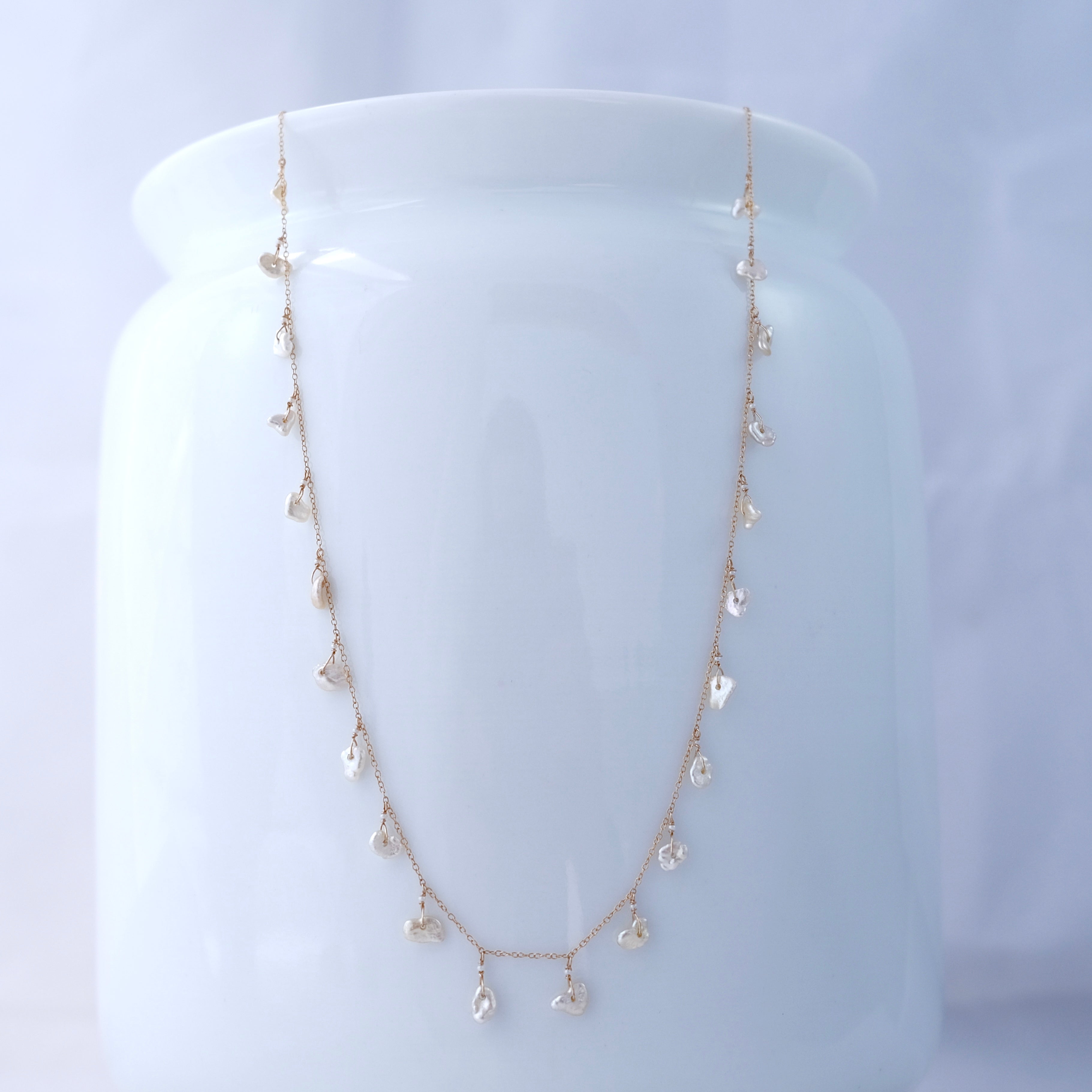 14k Gold Chain Necklace w/ Japanese Akoya Pearls / Saltwater Keshi Pearls & Antique Italian Beads