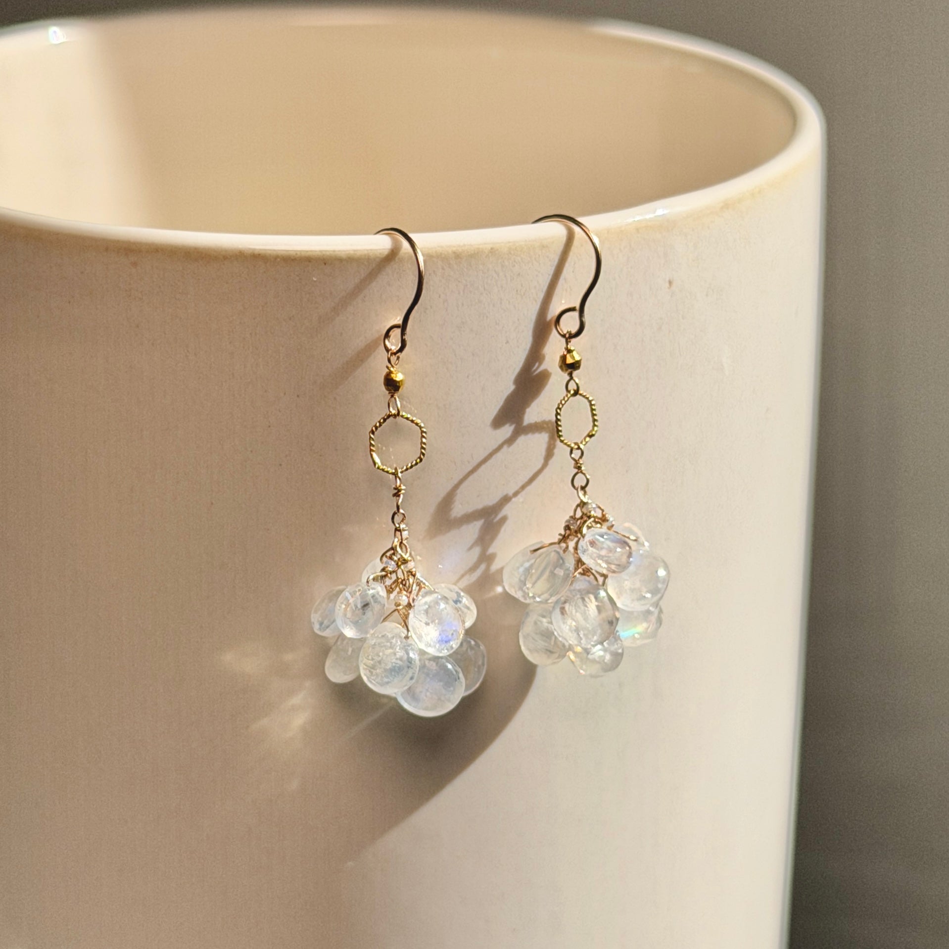 14k Gold Earrings w/ Moonstone, 18k Gold Loop & 18k Gold Nugget