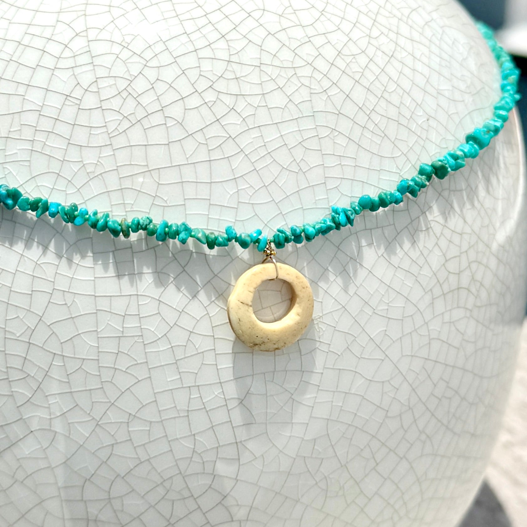 String Beaded 14k Gold Necklace w/ Pre-Columbian Bone, 18k Gold Nugget & Turquoise Chips