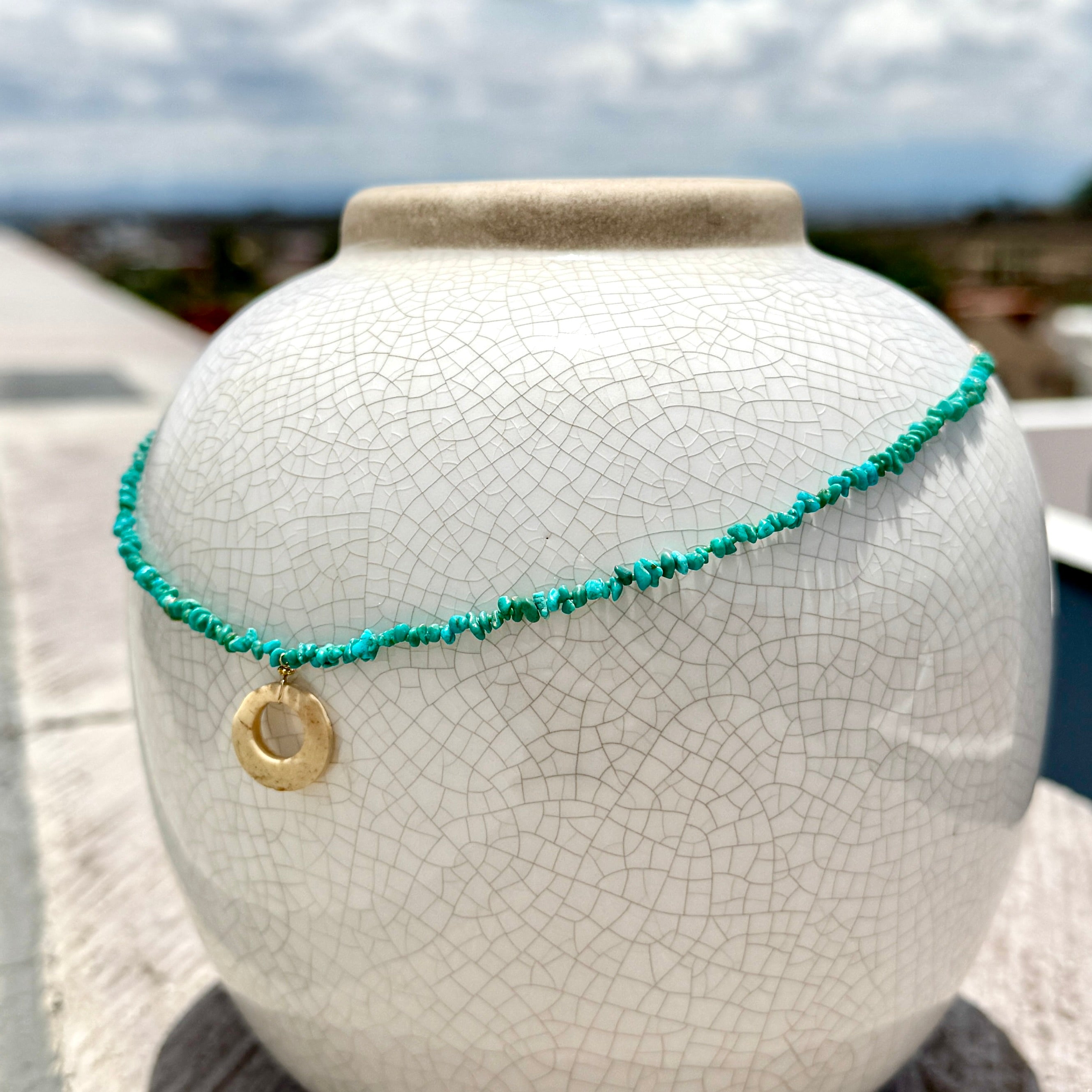 String Beaded 14k Gold Necklace w/ Pre-Columbian Bone, 18k Gold Nugget & Turquoise Chips