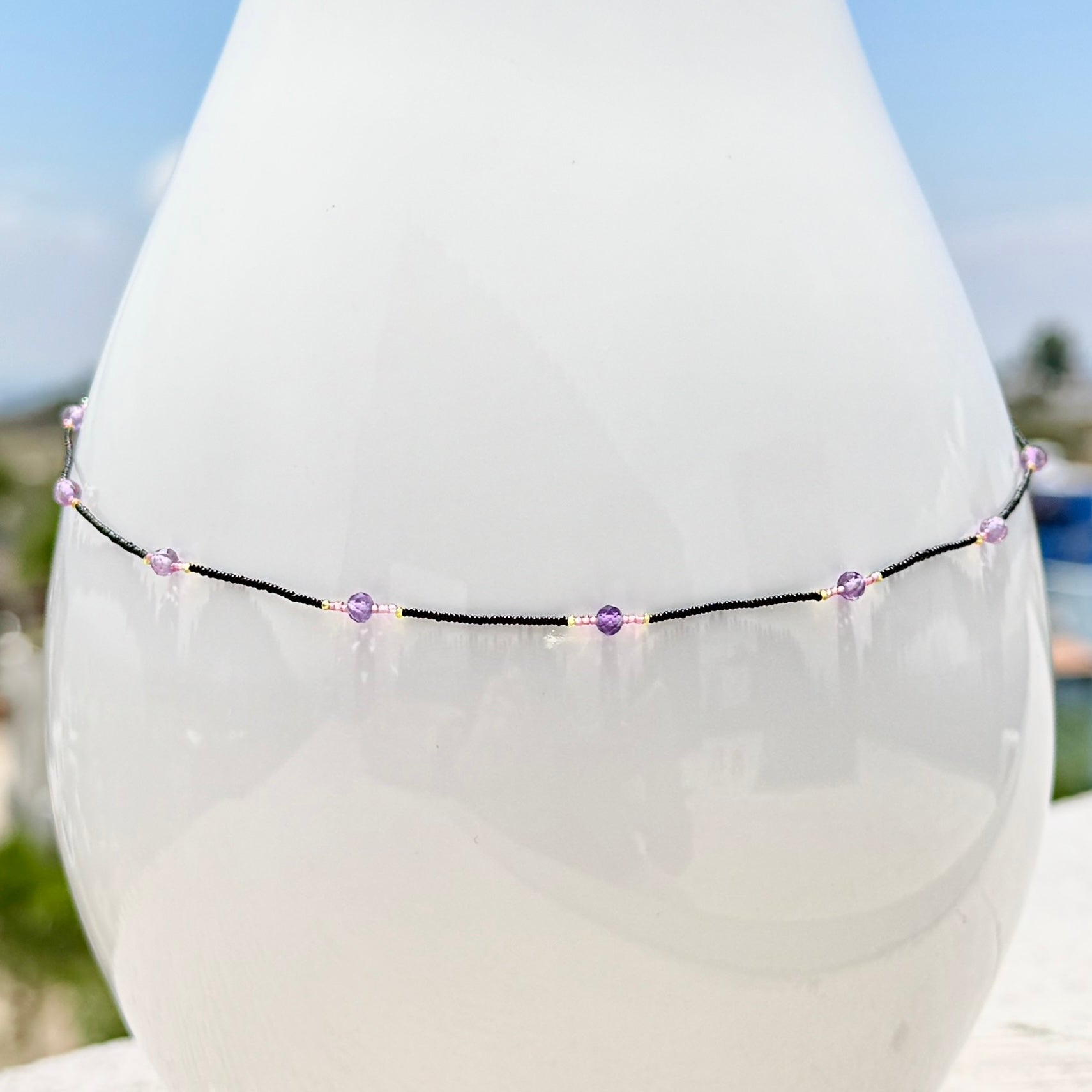 String Beaded Necklace w/ Amethyst & Antique Italian Glass