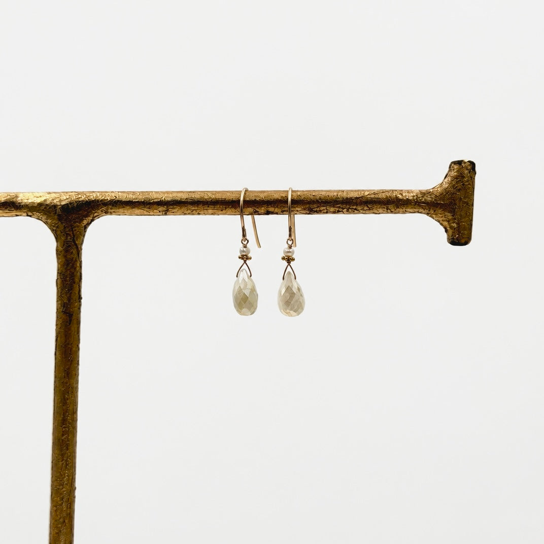 14k Gold Earrings w/ Mystic Corundum, Keshi Pearls & 18k Gold Nugget